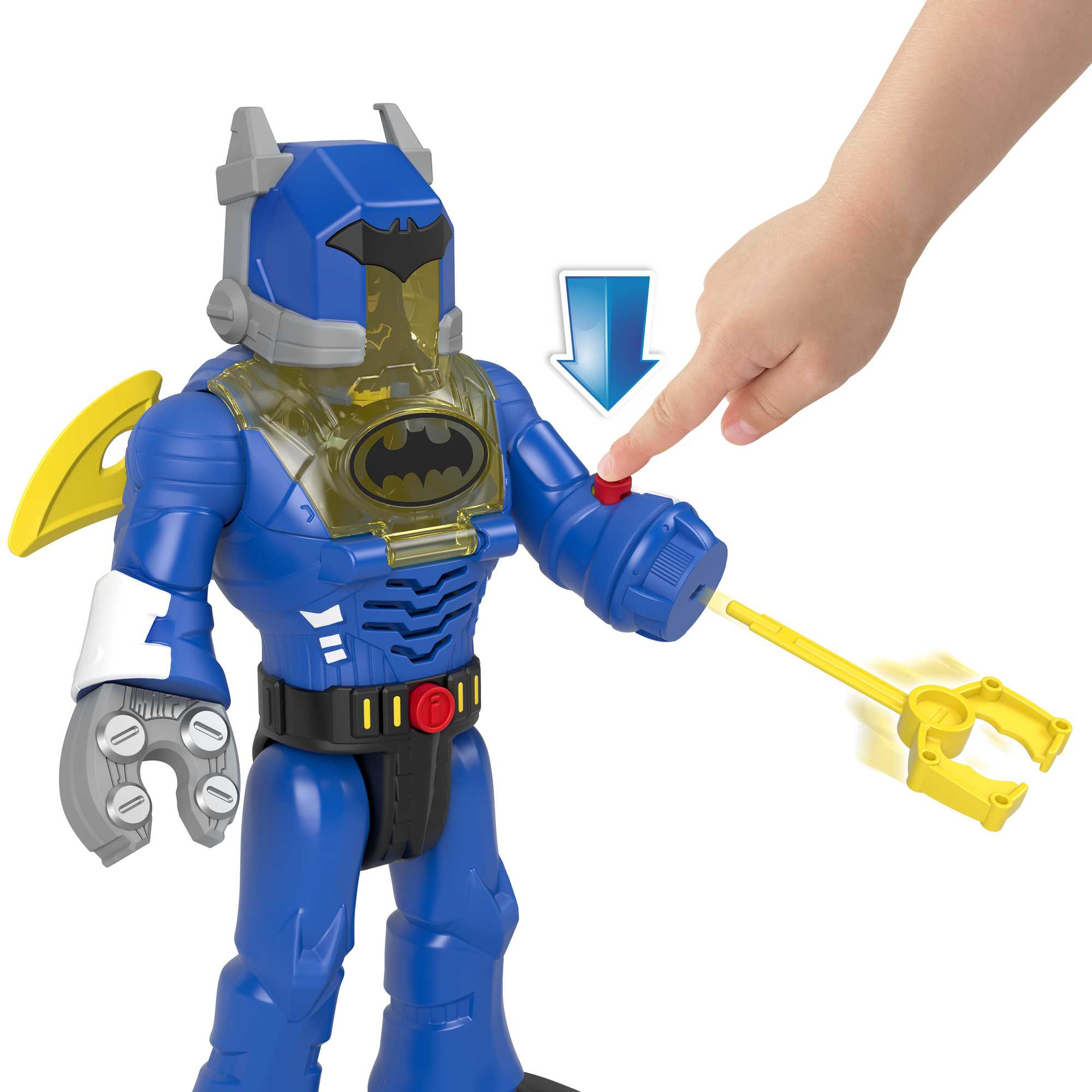 Een hand van een persoon die op een knop drukt op een blauw Batman-speelgoed. Een gele klauw is bevestigd.