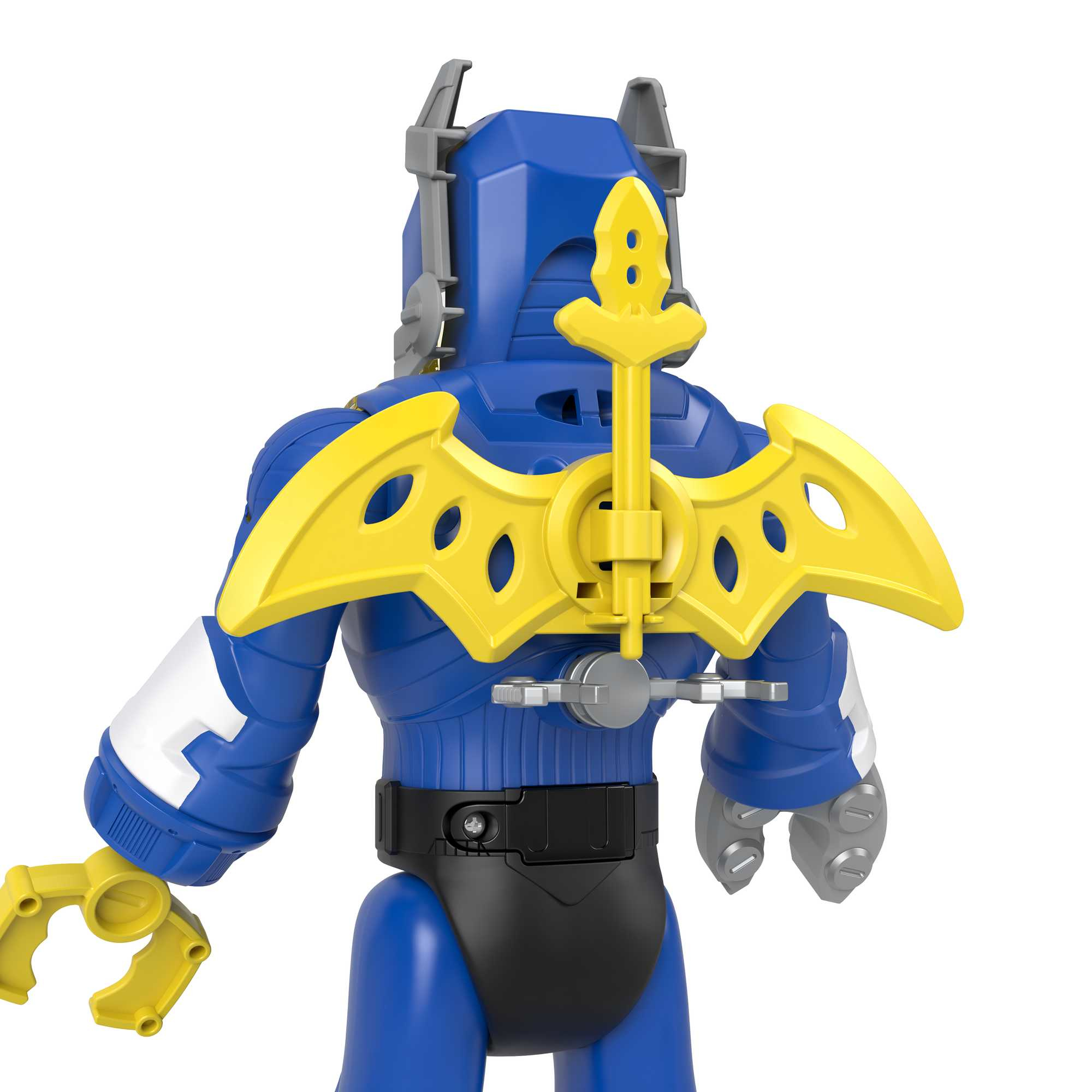 Achterkant van blauw en geel robotspeelgoed, met een gele vleugelachtige bevestiging.