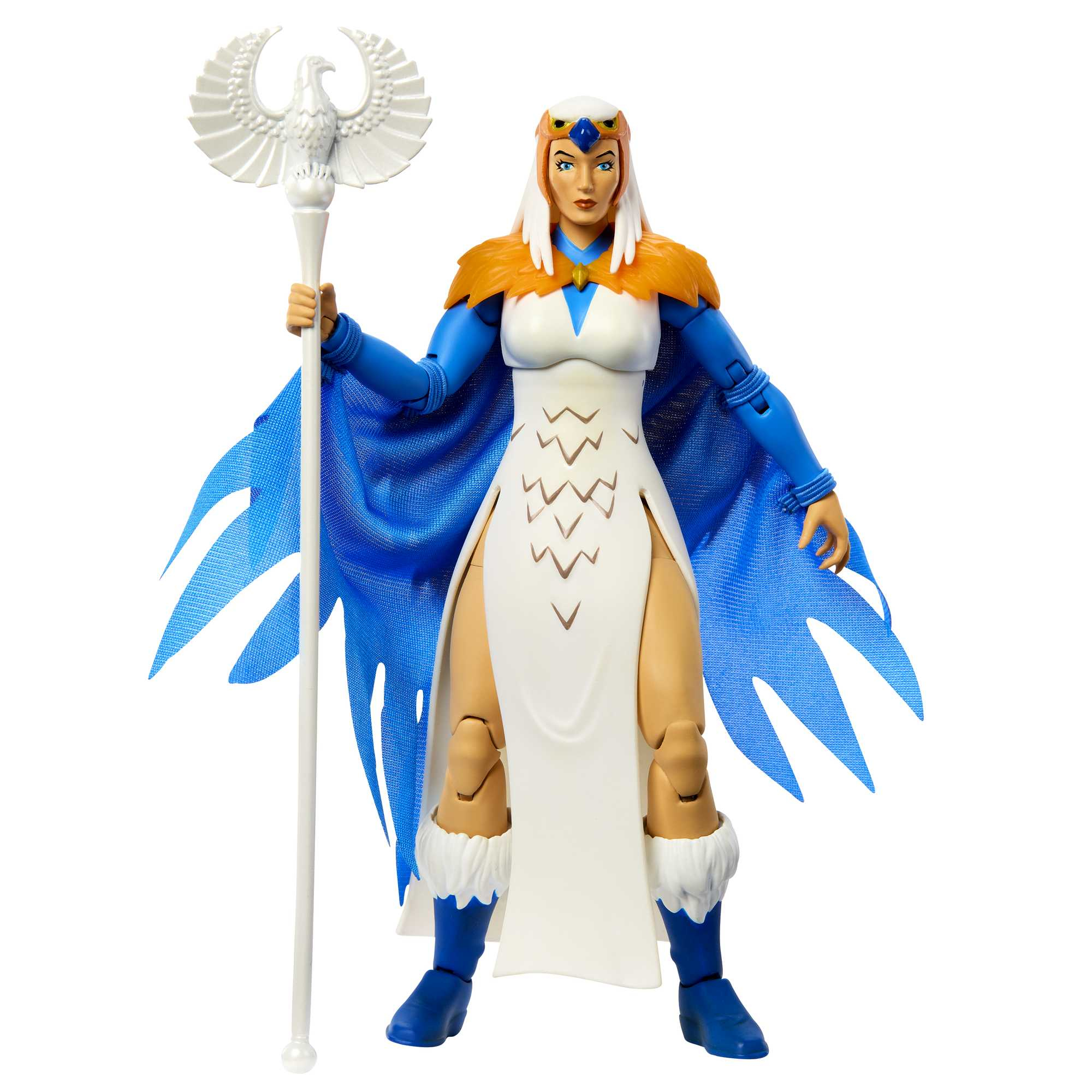 Action figure in abito bianco con ali blu e bastone.