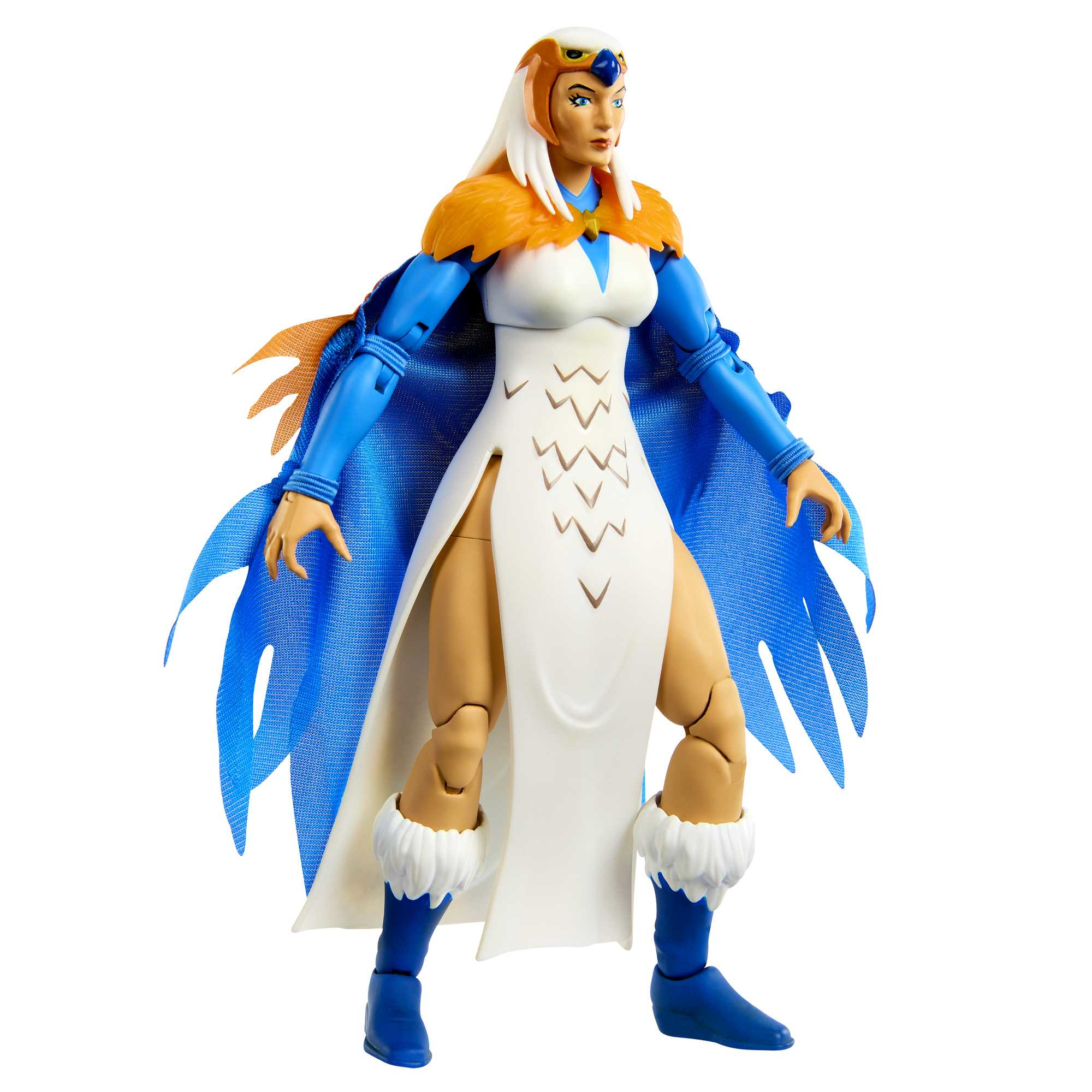 Action figure bianca con ali blu, in piedi, sfondo bianco.