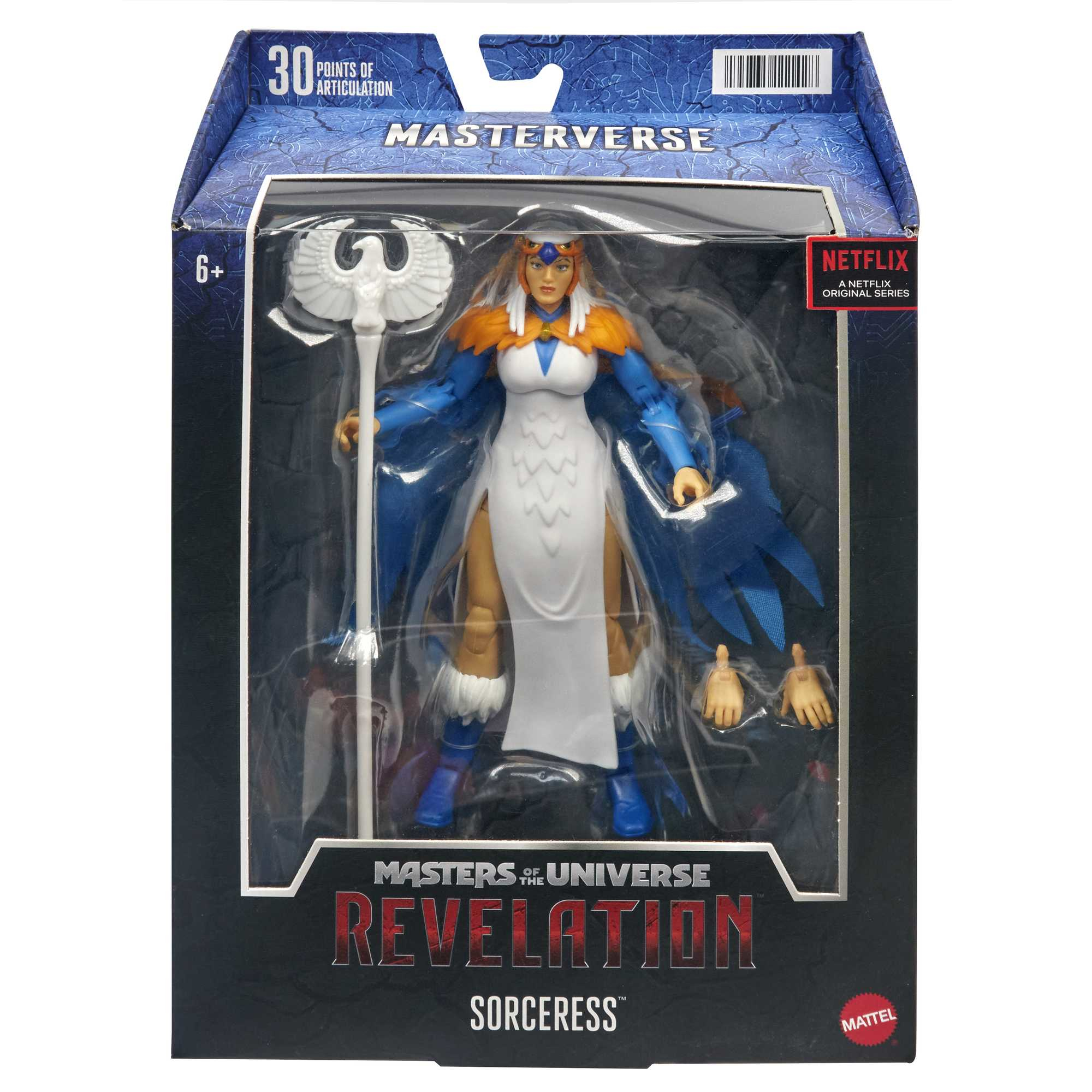 Action figure nella scatola di Masters of the Universe: Revelation. La Sorceress con un bastone.