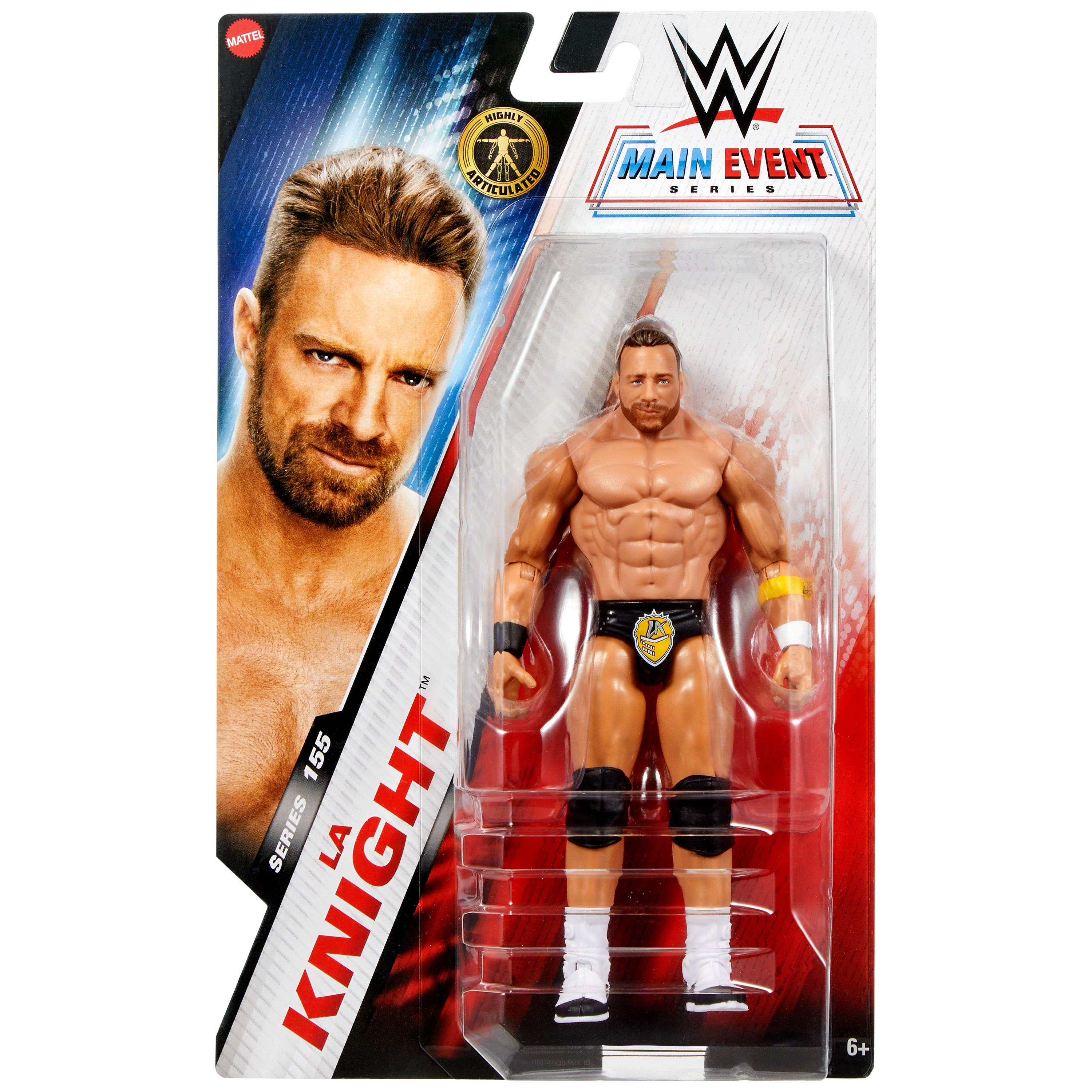 Wrestler-Actionfigur in Verpackung, schwarze und goldene Kleidung.