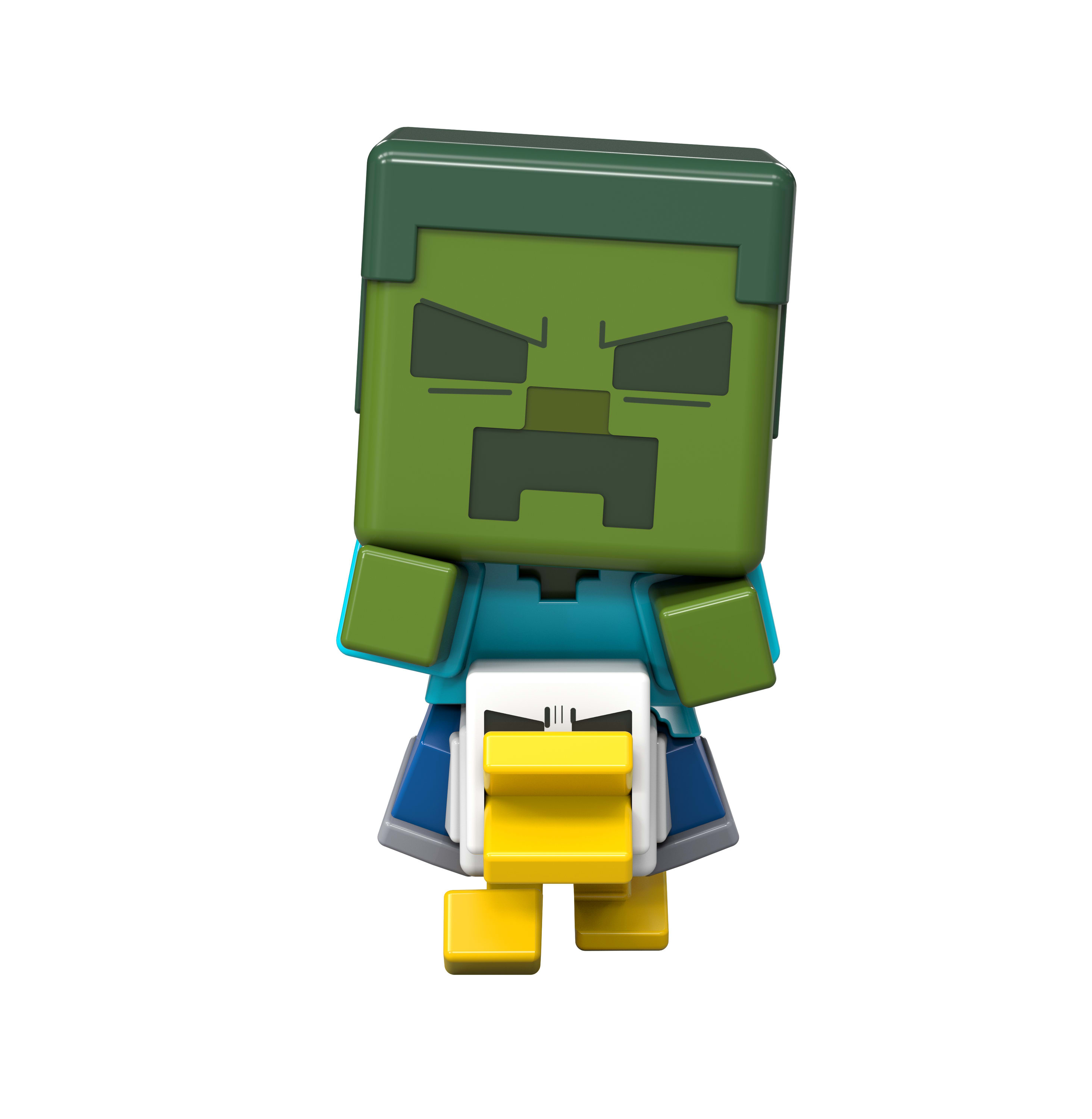 Zabawka zombie z Minecraft z zieloną głową, niebieską koszulą i żółtymi stopami. Białe tło.