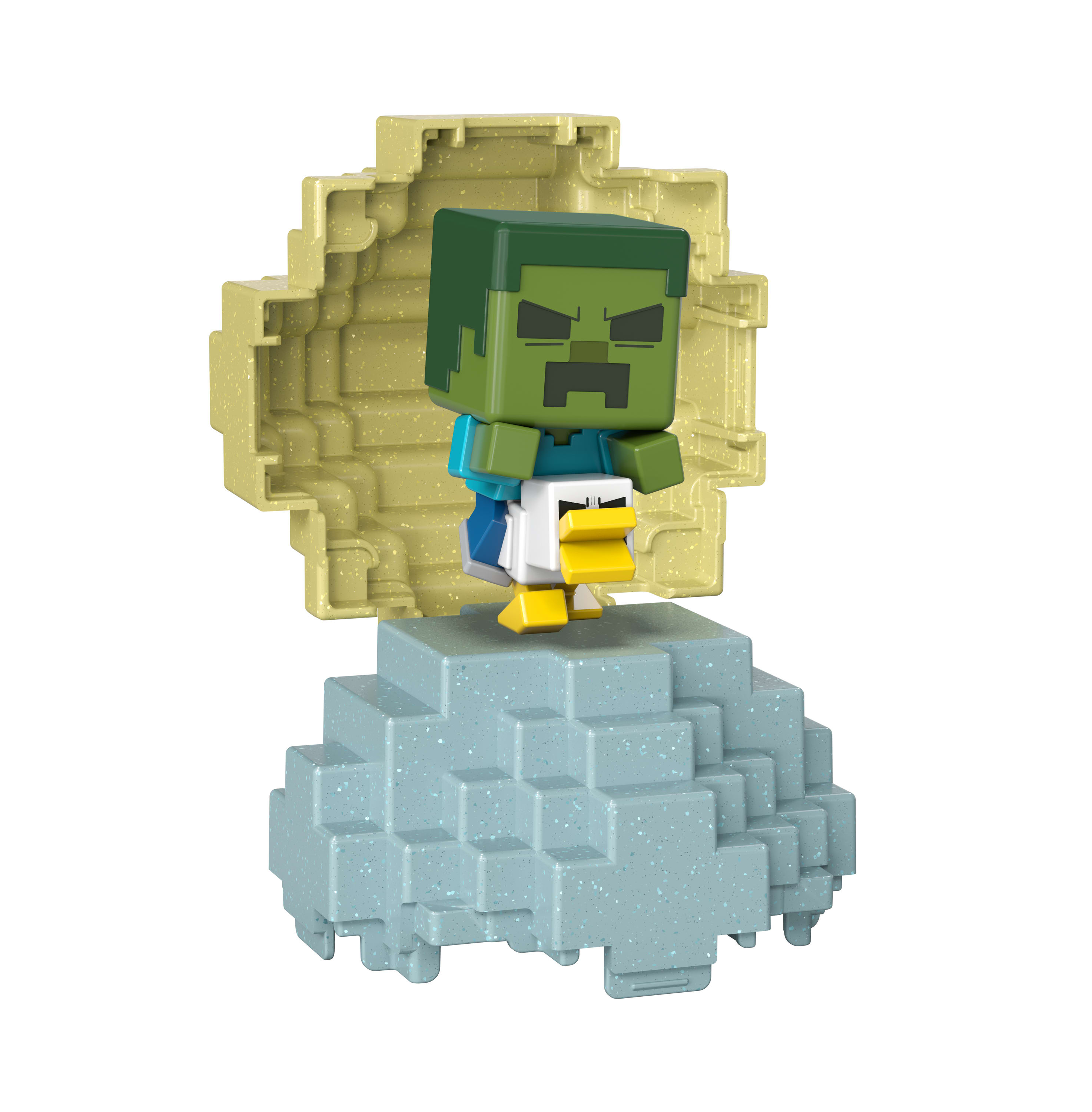 Zestaw zabawek Minecraft z figurką zombie z kaczką, na niebiesko-białej strukturze. Białe tło.