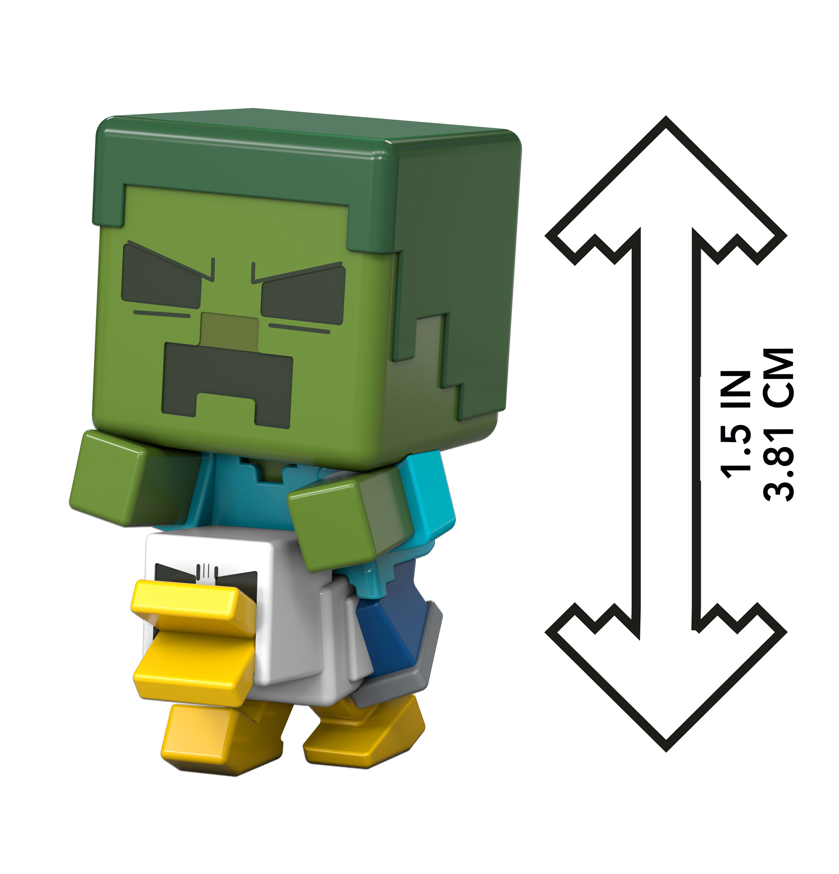Zabawka zombie z Minecraft trzymająca zabawkę-kaczkę. Czarna strzałka pokazuje wysokość zabawki.