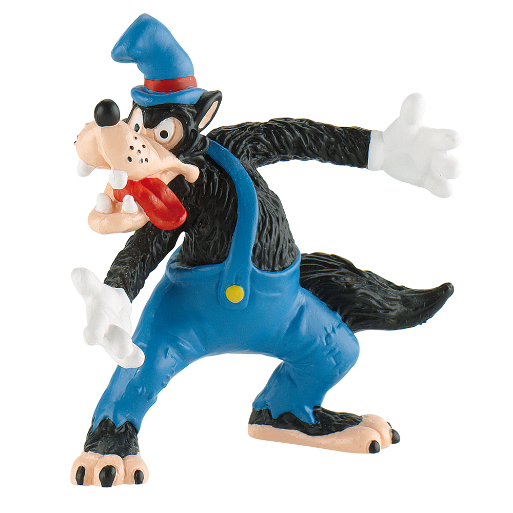 La figura giocattolo del Lupo Cattivo in tuta blu e cappello blu. Ha la lingua rossa fuori.