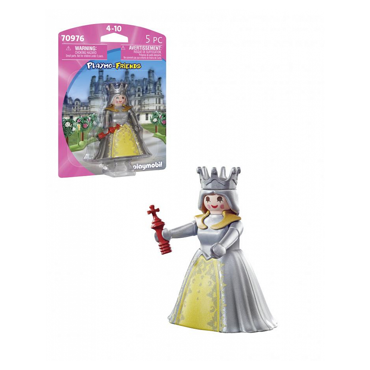 Spielzeug-Königin-Figur in einer Verpackung. Krone, rotes Zepter, silbernes Kleid. Schloss und Bäume im Hintergrund.
