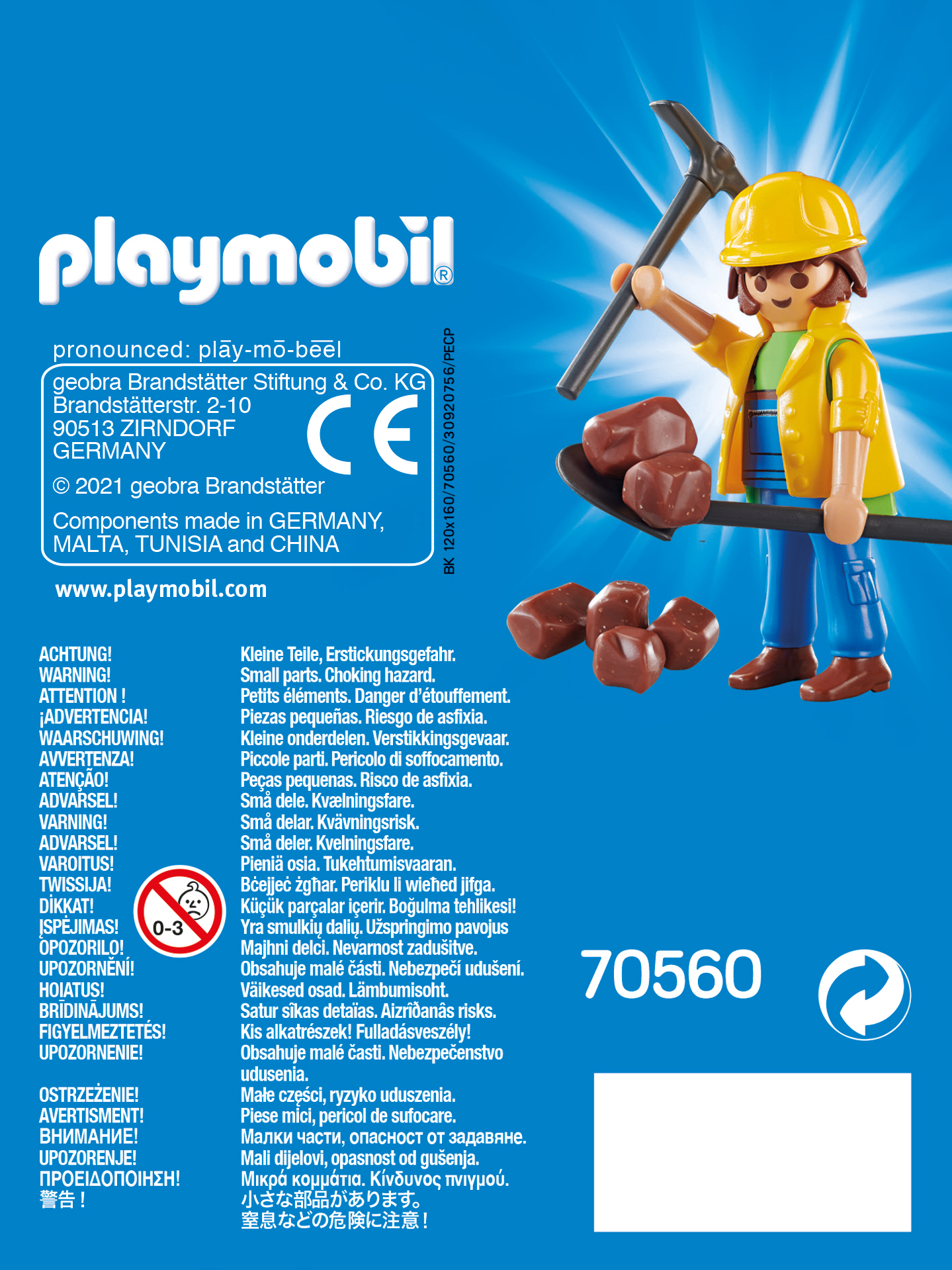 Tył pudełka Playmobil z ostrzeżeniami w wielu językach. Zawiera małe części.