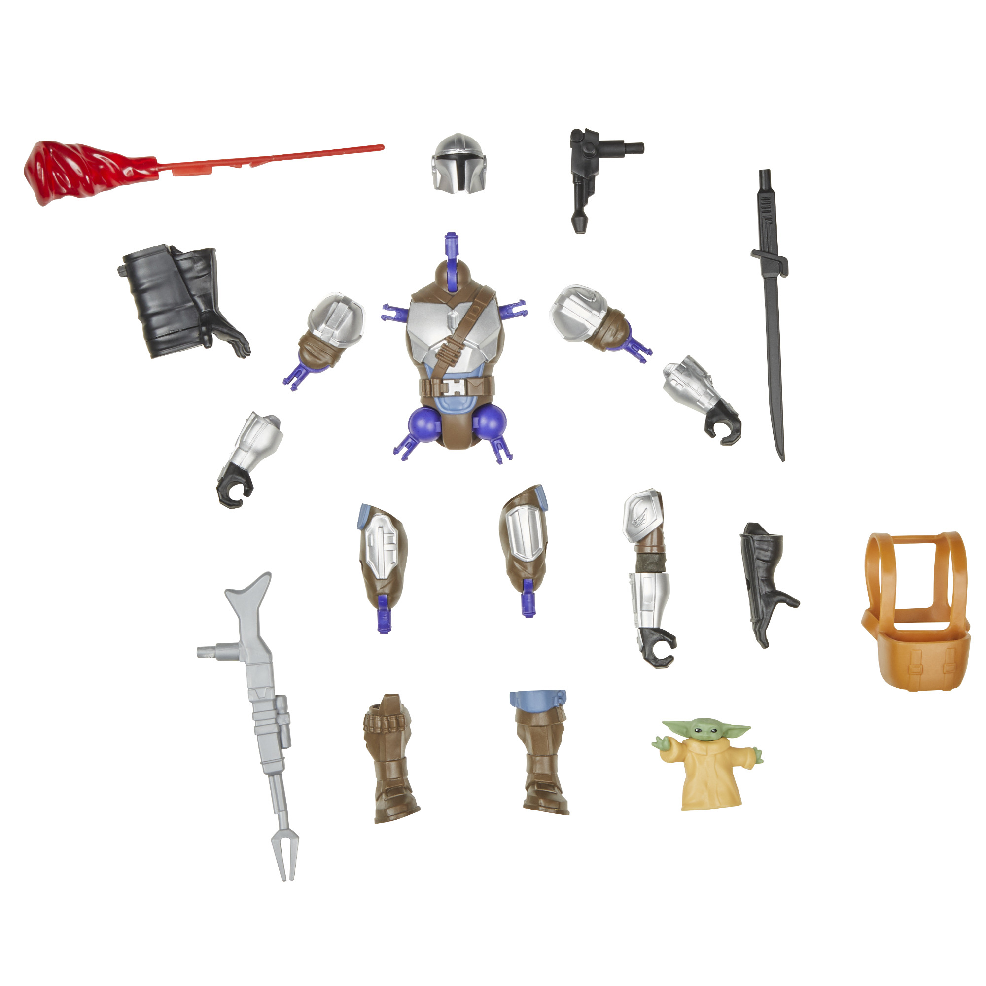 Set de juguetes de Star Wars, Mandaloriano desmontado, con accesorios. Figura de Baby Yoda y armas.