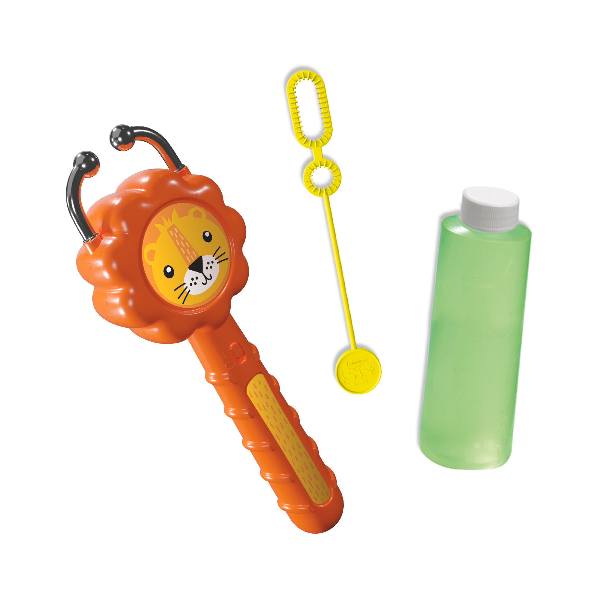 Varita de burbujas con forma de león naranja, solución de burbujas y varita de burbujas con detalles amarillos, blanco.