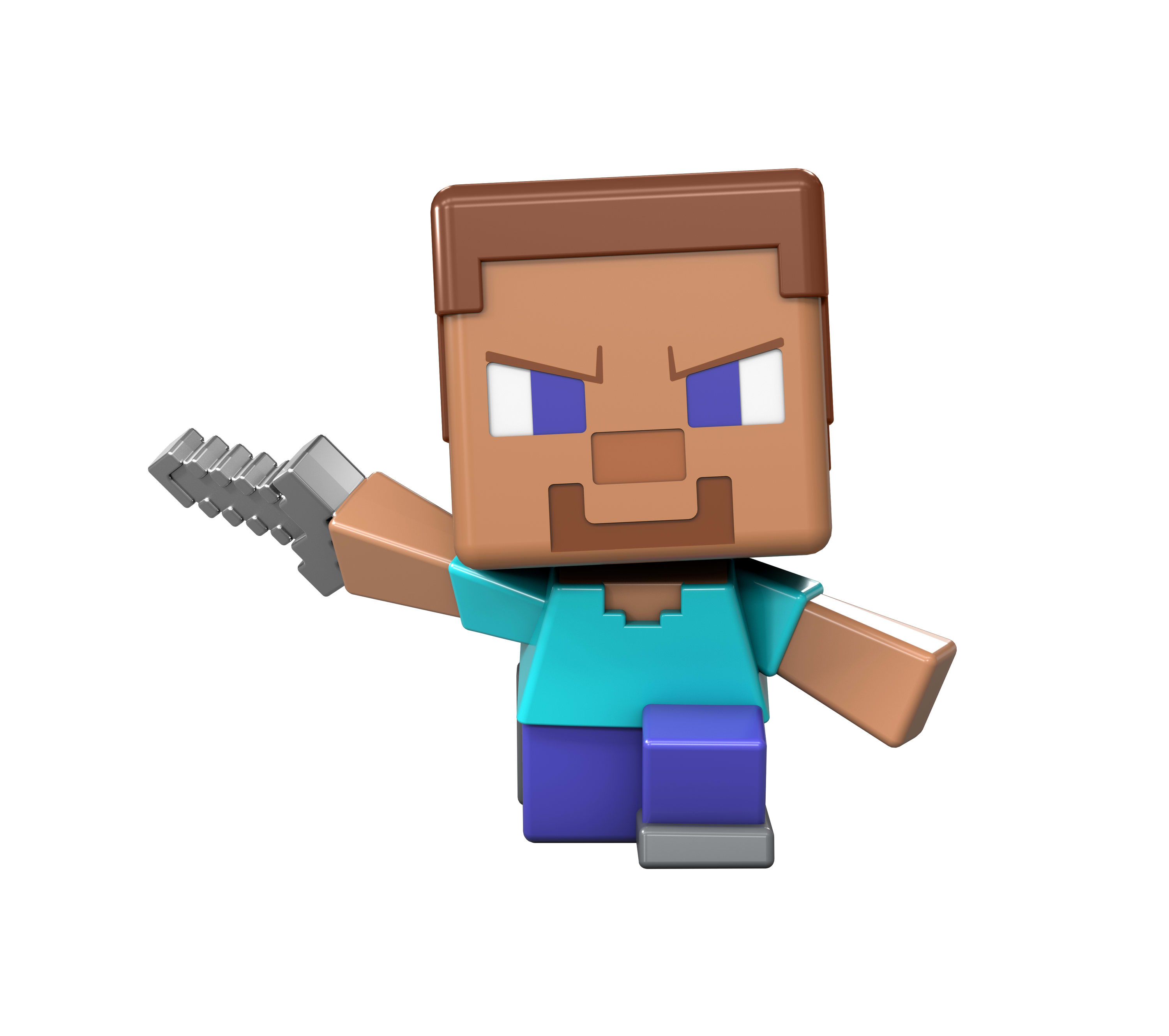 Figurka Steve z gry Minecraft z głową w kształcie kostki, trzymająca metalowe narzędzie. Białe tło.
