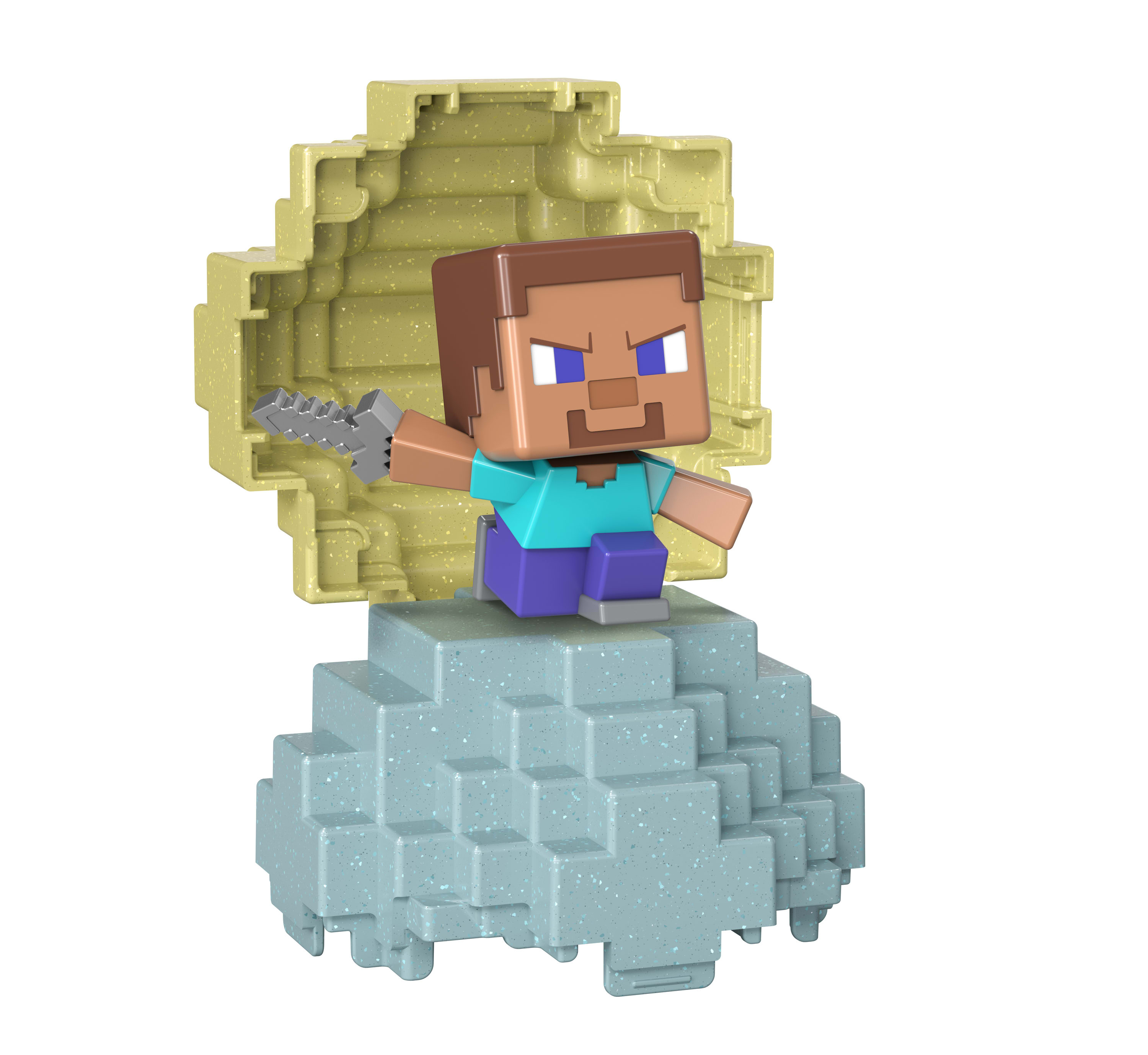 Figurka Minecraft Steve. Jest na bloku, trzyma miecz, wychodzi z bloku z twarzą.