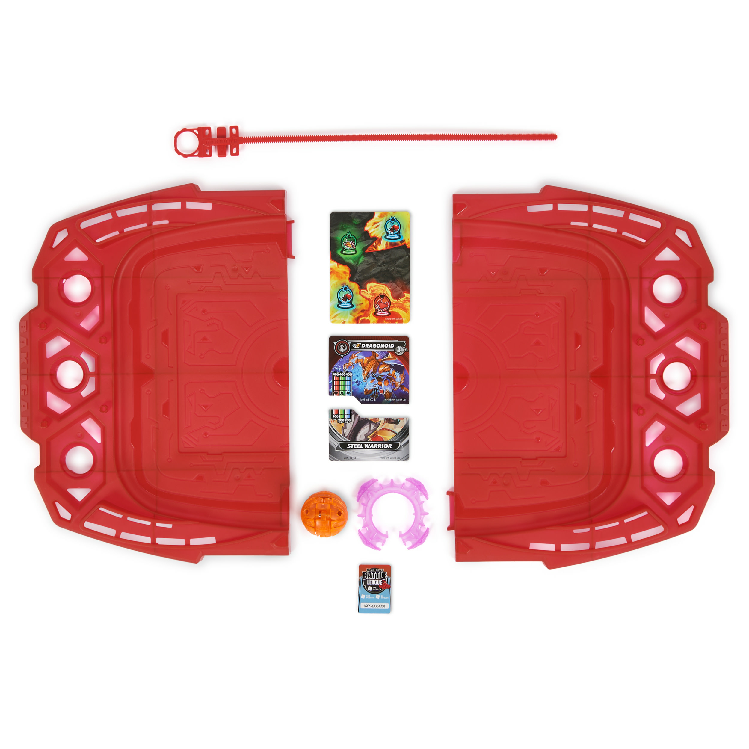 Czerwony zestaw do gry Bakugan z akcesoriami i kartami. Białe tło. Zawartość ułożona do gry.