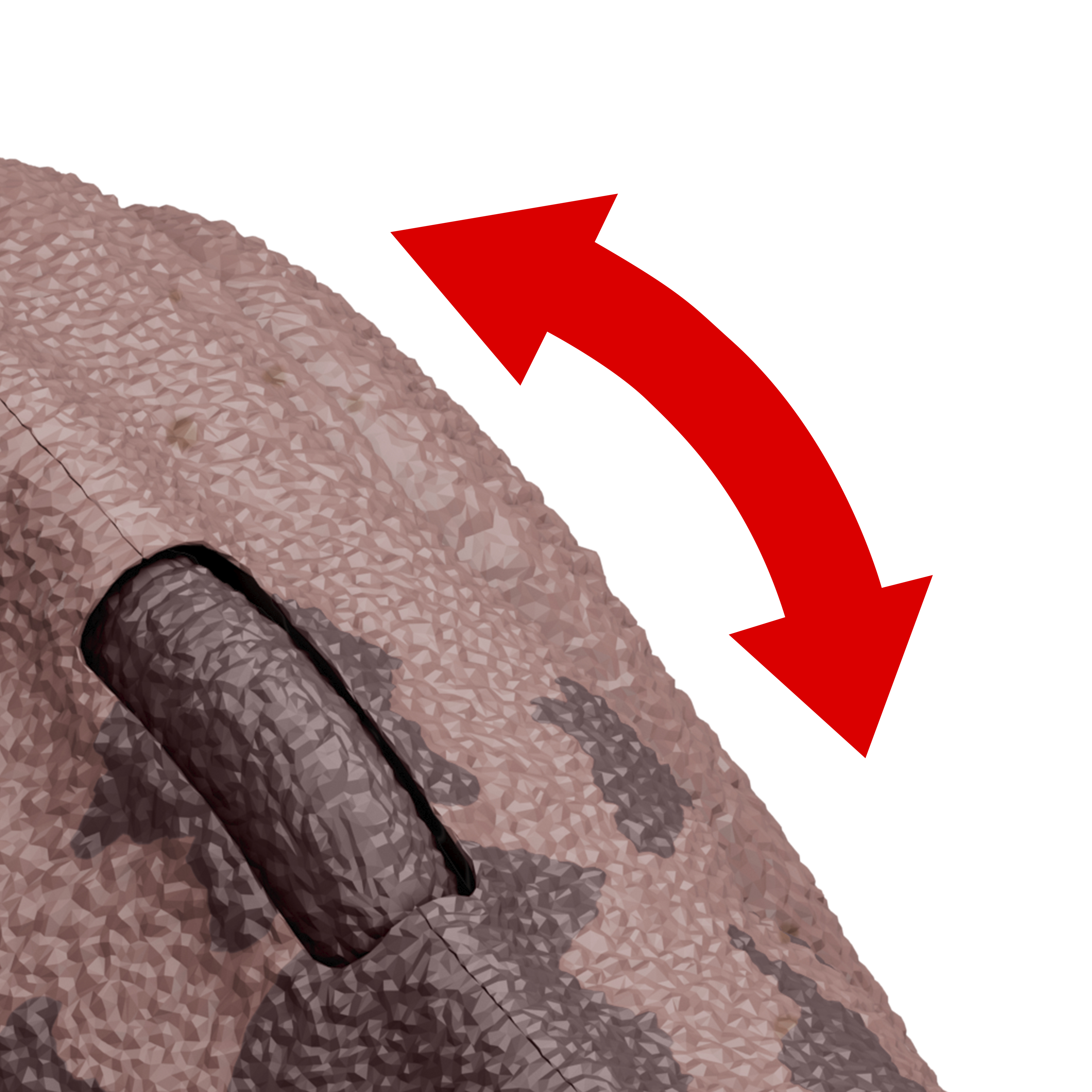 Primer plano de una superficie texturizada con una flecha roja que apunta hacia abajo.