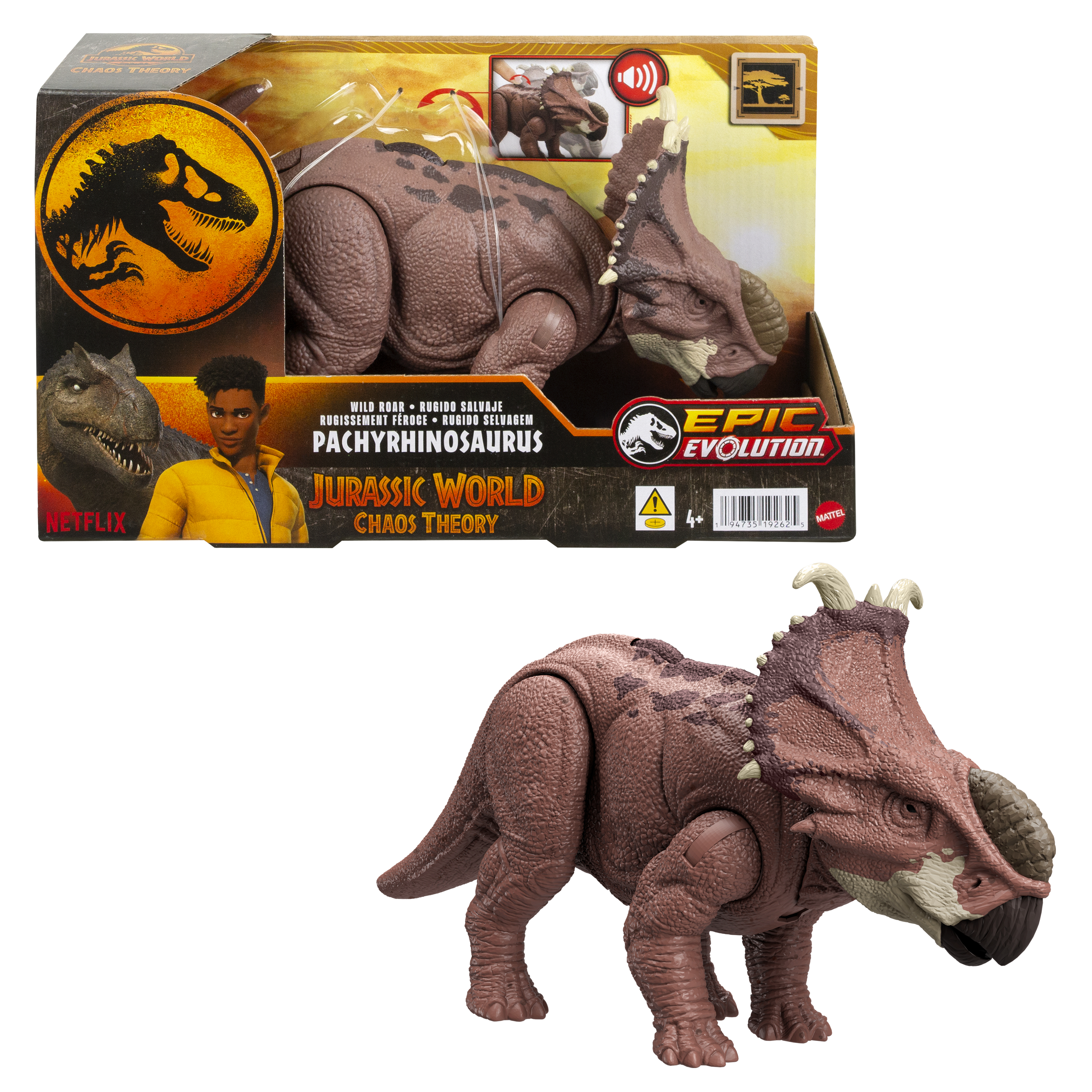 Un juguete de dinosaurio en una caja. Es marrón, con un cuerno y un letrero con texto.