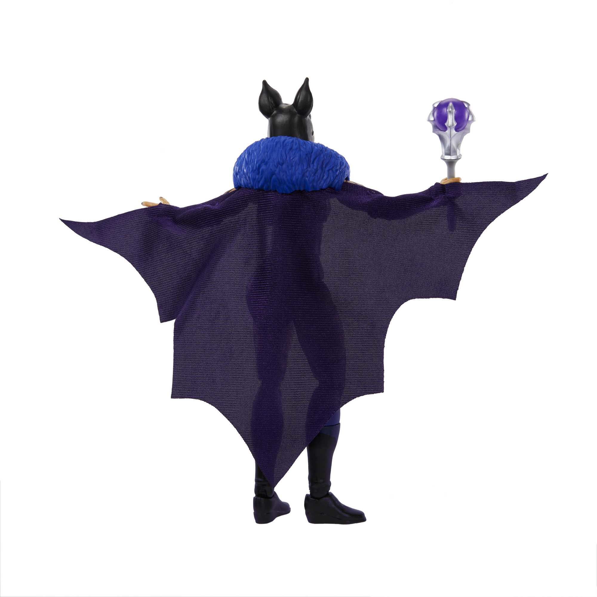 Fioletowa figurka z zabawkami ze skrzydłami nietoperza i niebieskim kołnierzem trzymająca fioletowy berło z maską nietoperza.