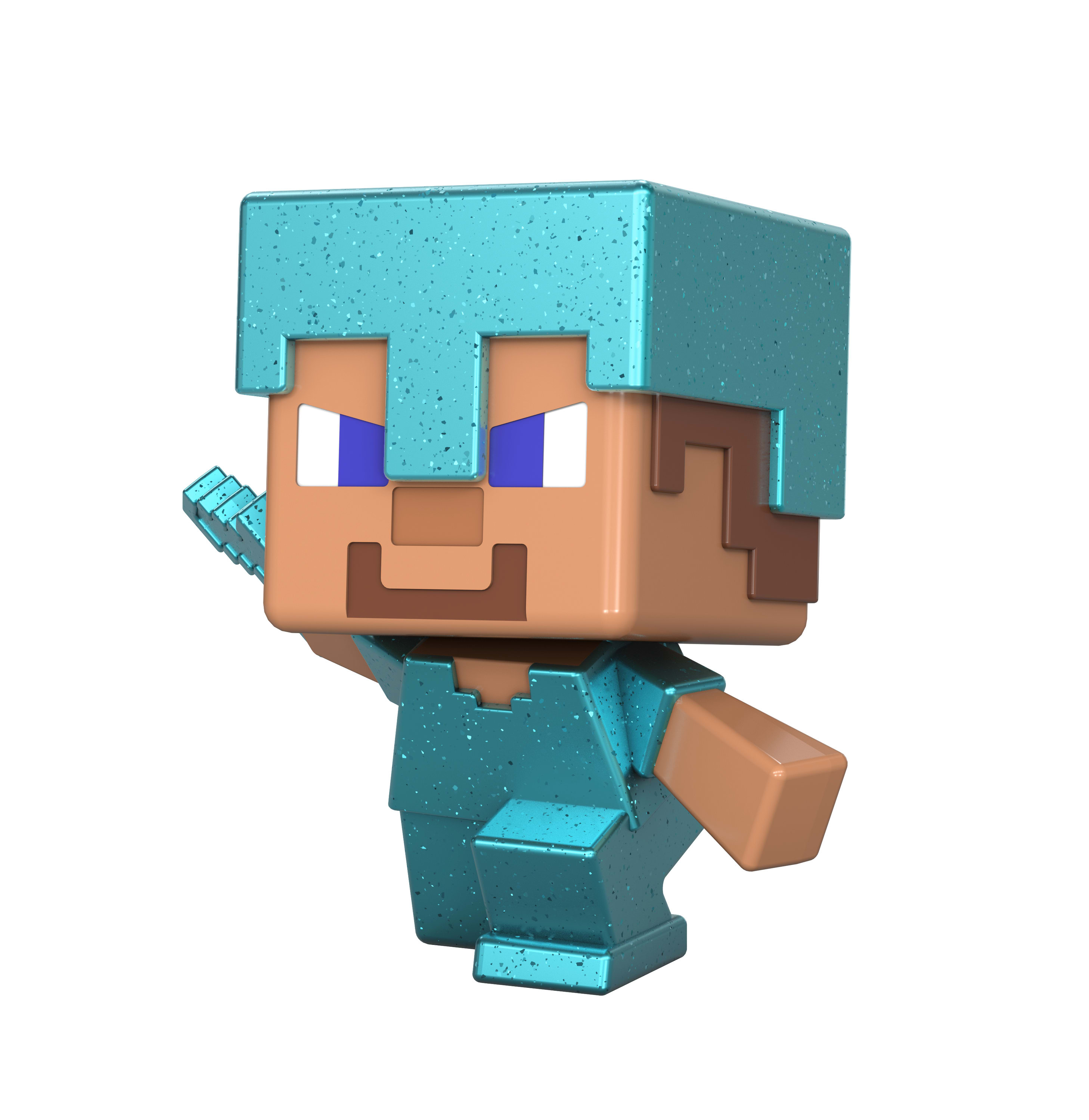 Figurka Minecraft Steve w niebieskiej zbroi, stojąca na białej powierzchni.