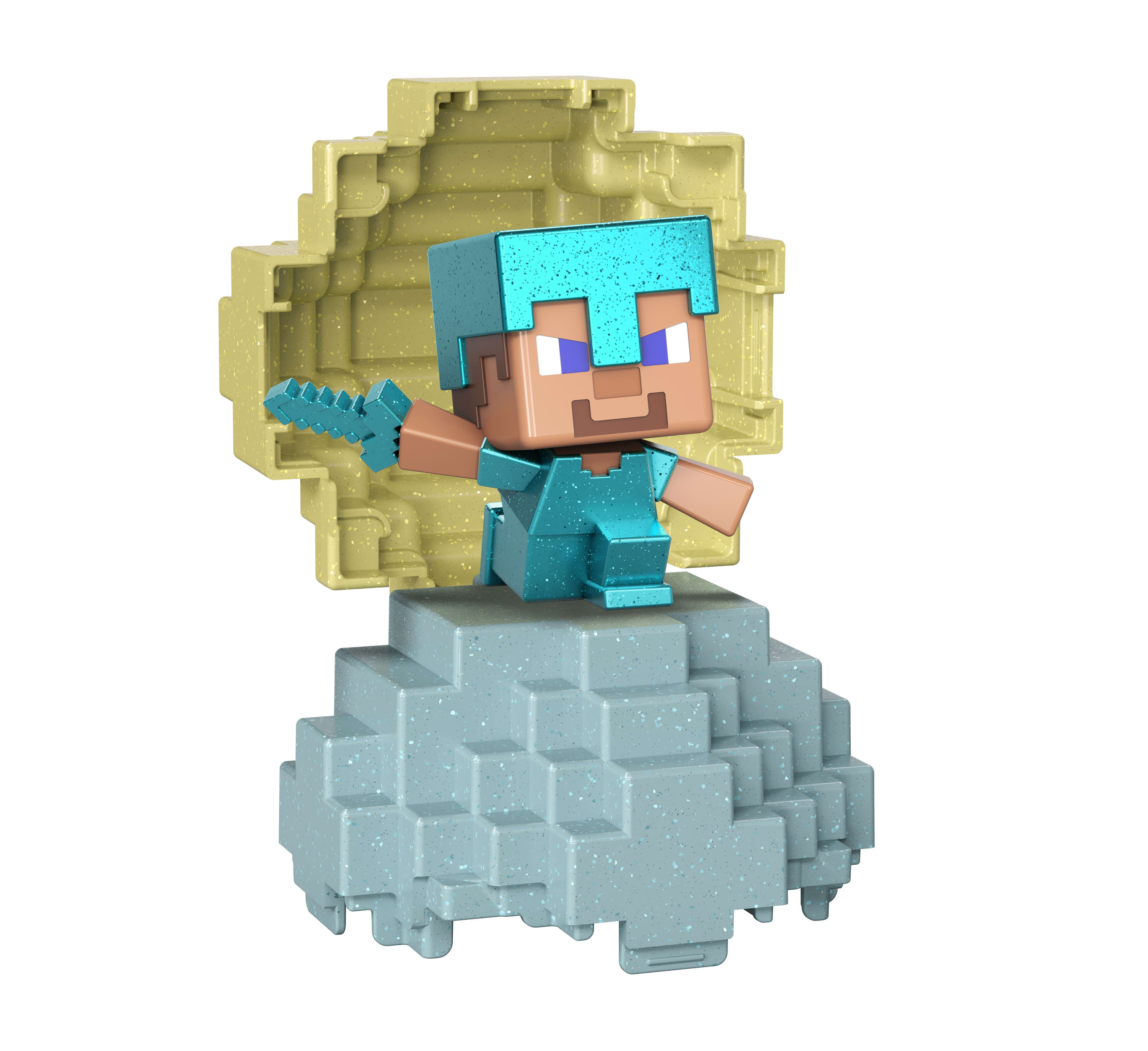 Figurka Minecraft Steve w niebieskiej zbroi stoi na spikselizowanej platformie, za nim skorupa jajka.