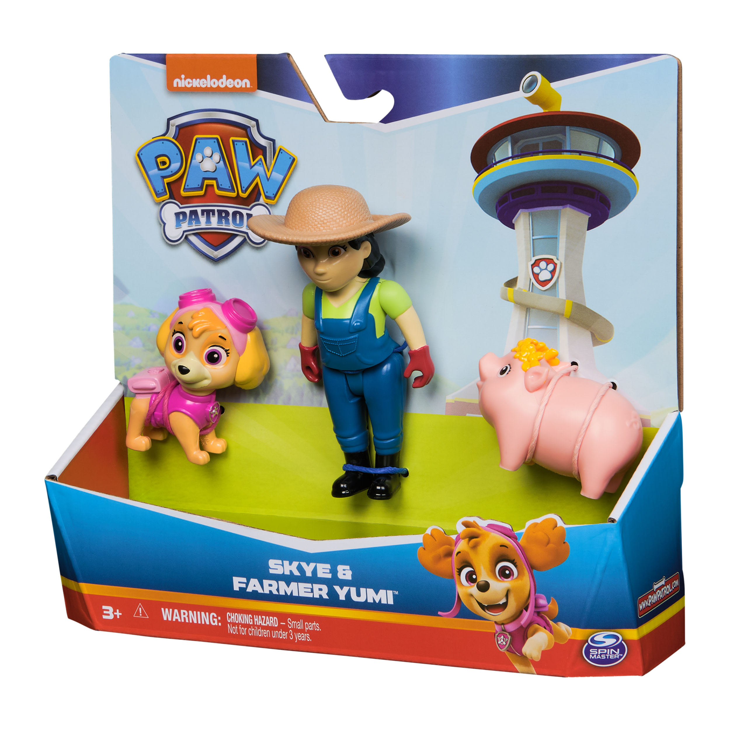Zestaw zabawek Paw Patrol ze Skye, Farmer Yumi, świnią i wieżą na białym tle.