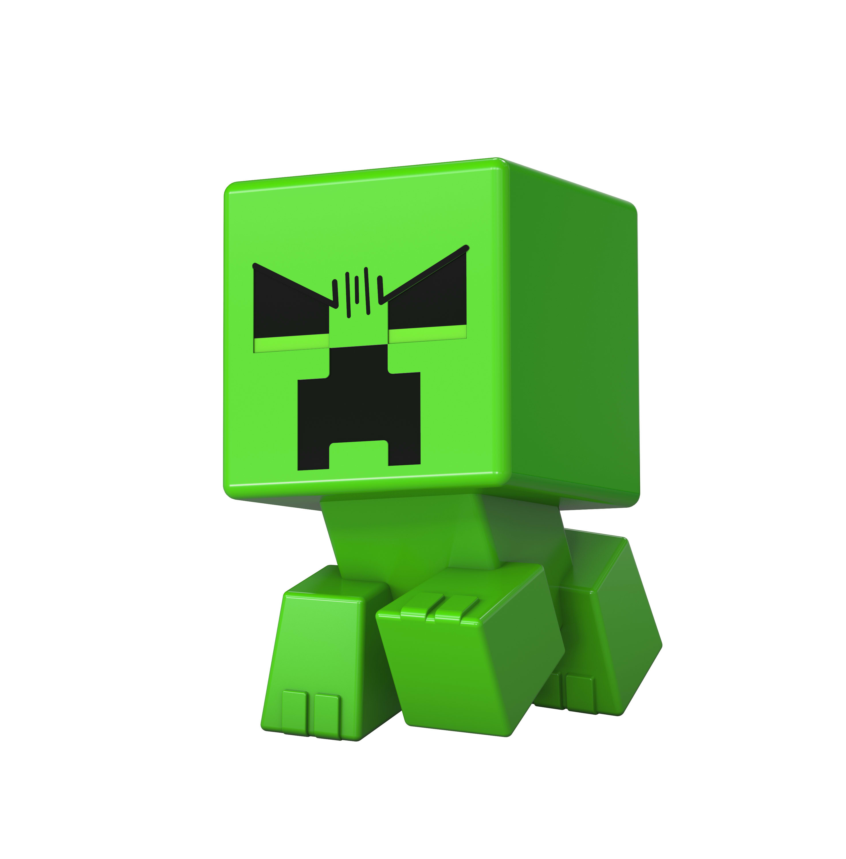 Zielona figurka Creepera z Minecraft z czarnymi cechami, stojąca.