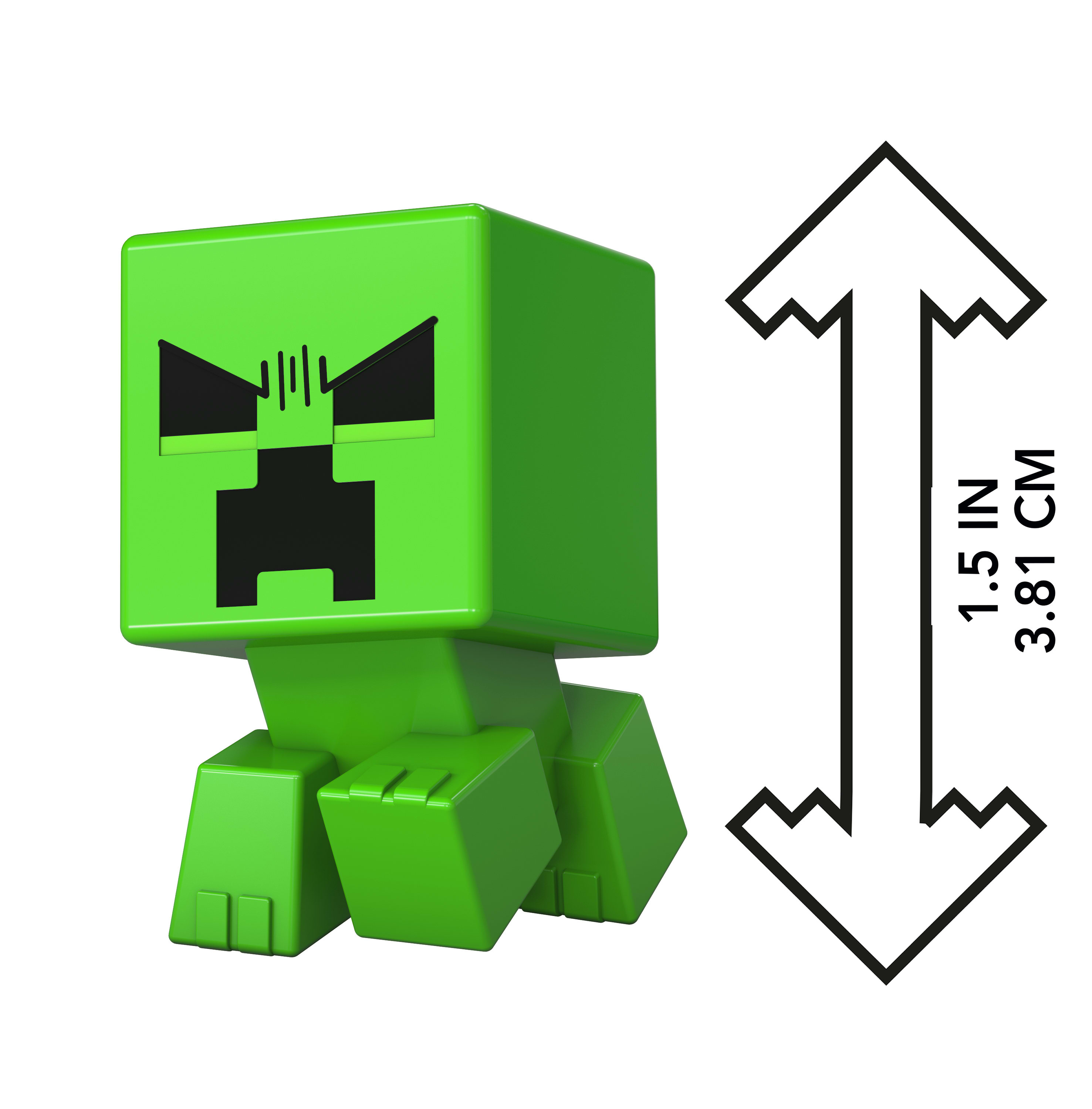 Zielona figurka Creepera z Minecraft z czarnymi cechami i strzałką pomiarową.