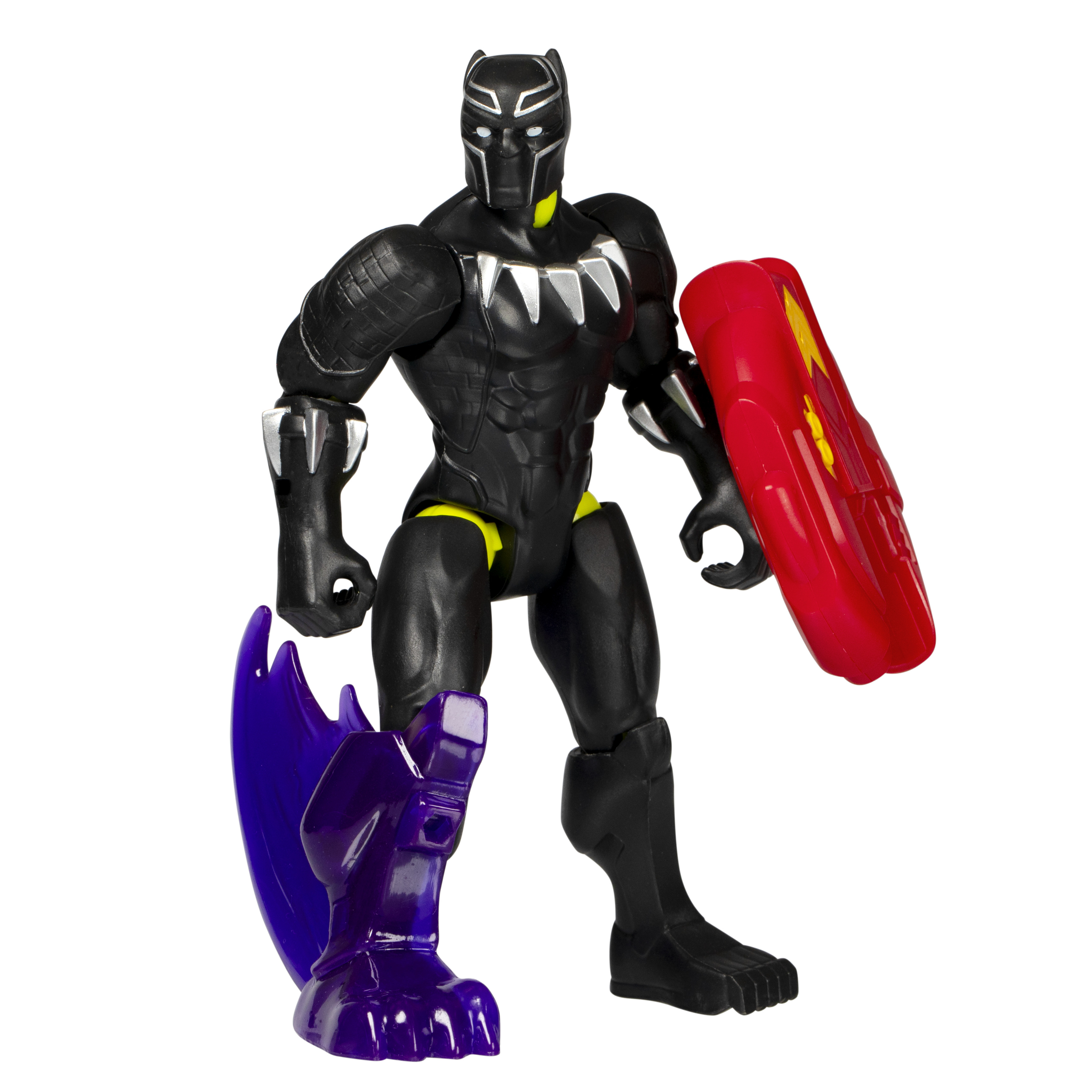 Figura de acción de Pantera Negra. Tiene un escudo rojo y un accesorio morado con forma de cuchilla. Traje negro y amarillo.