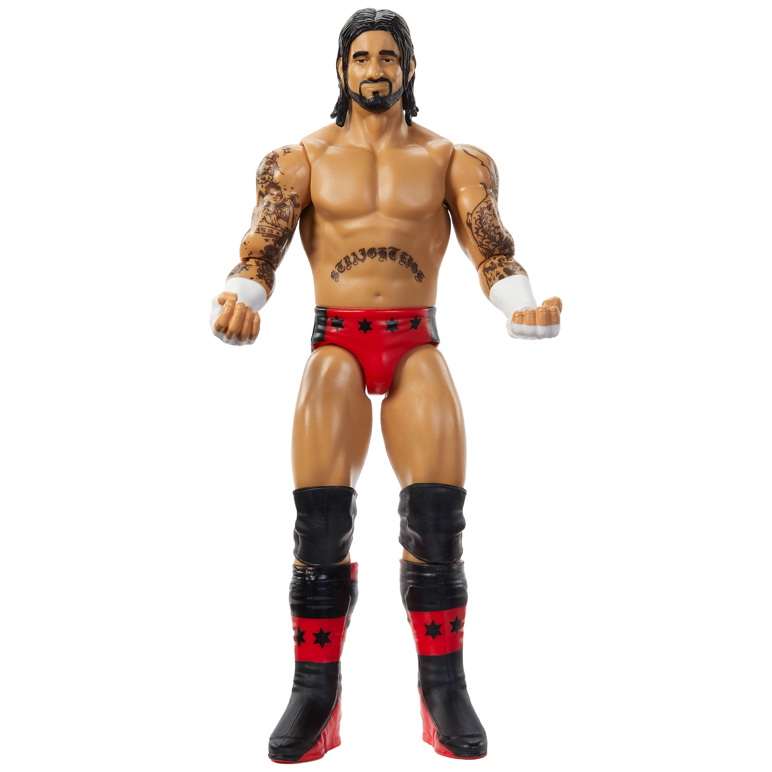 Wrestler-Figur mit Tattoos, roter Hose, schwarzen Stiefeln. Steht mit Armen an den Seiten.