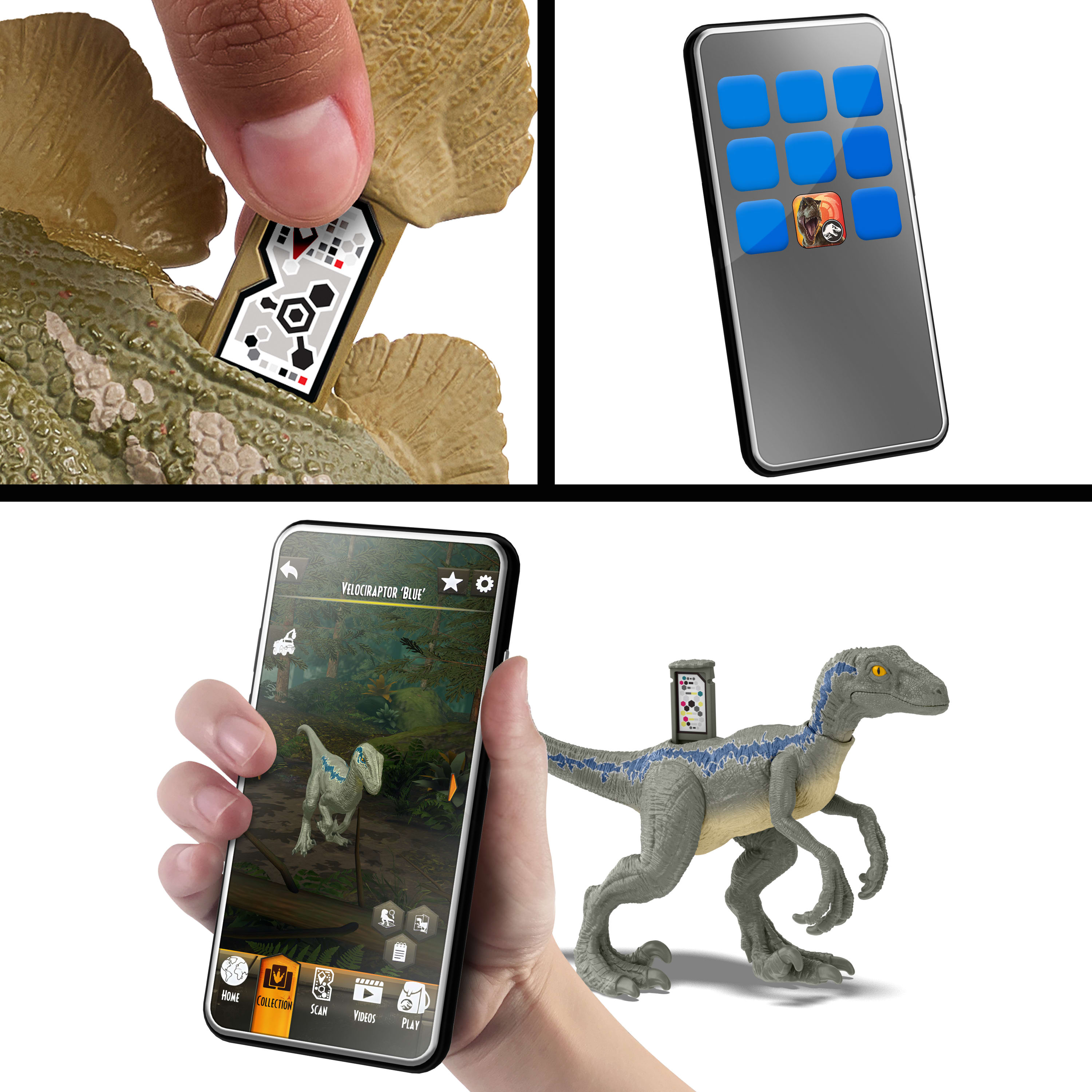 Person scanning a toy dinosaur with a phone. Phone shows augmented reality scene. 
