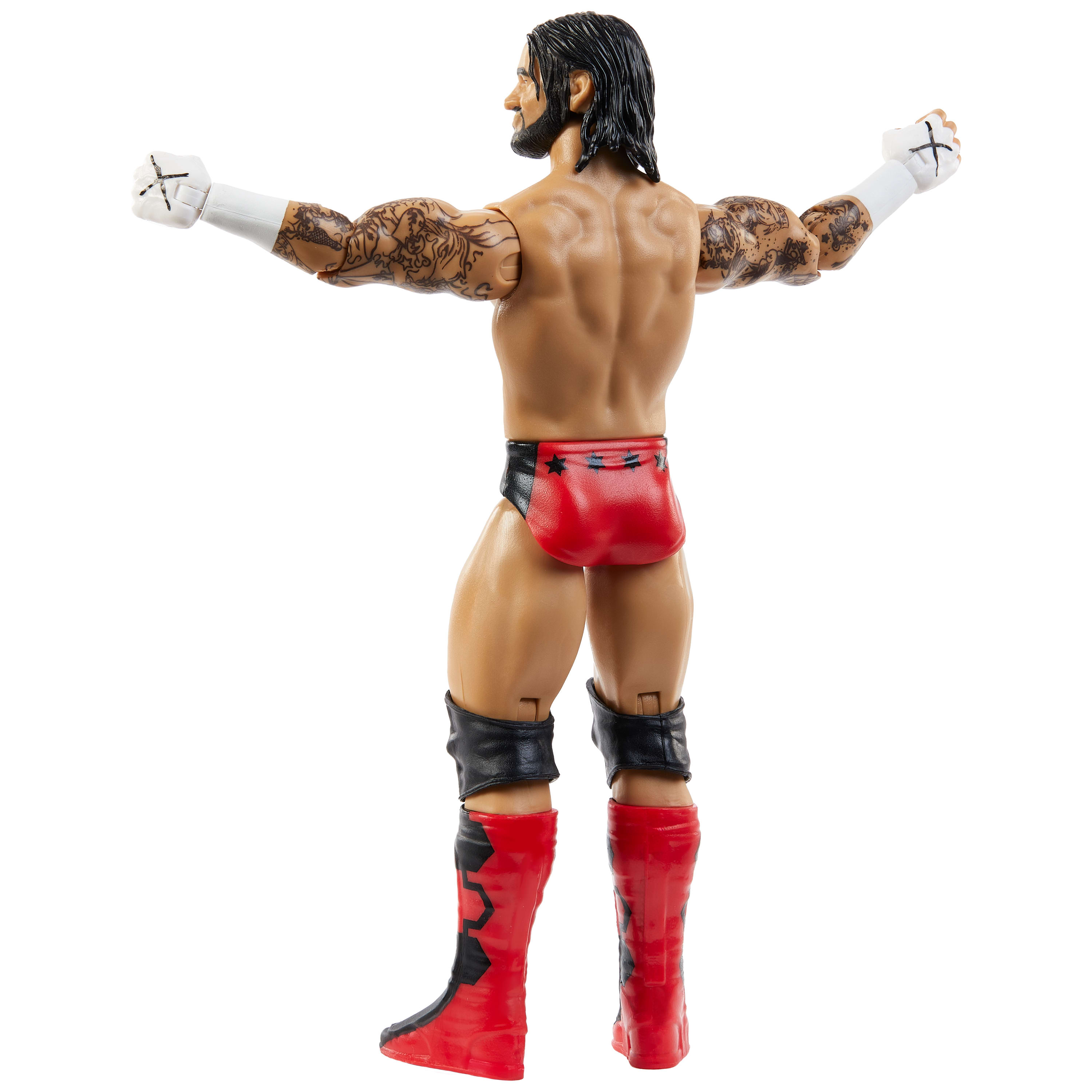 Eine Wrestlerfigur mit Tätowierungen, schwarzen Haaren und roten Shorts. Die Arme sind ausgestreckt. Weißer Hintergrund.