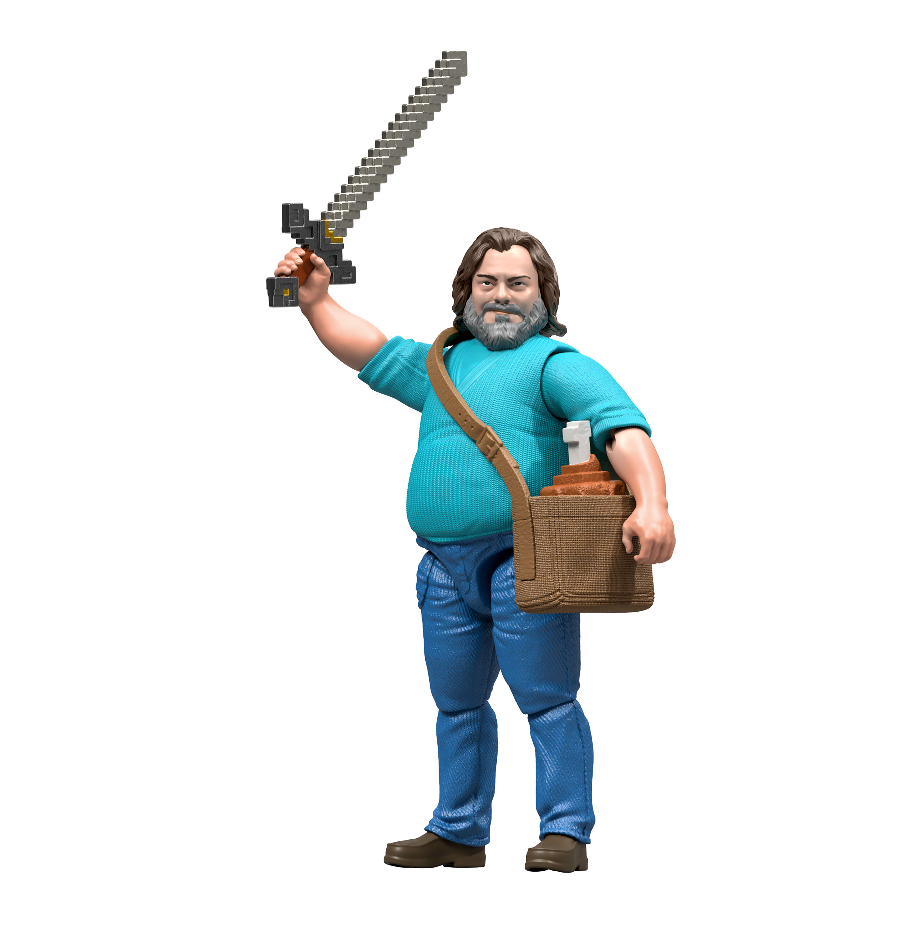 Una figura di Minecraft di un uomo con una spada, una borsa e una camicia blu, in piedi sul bianco.