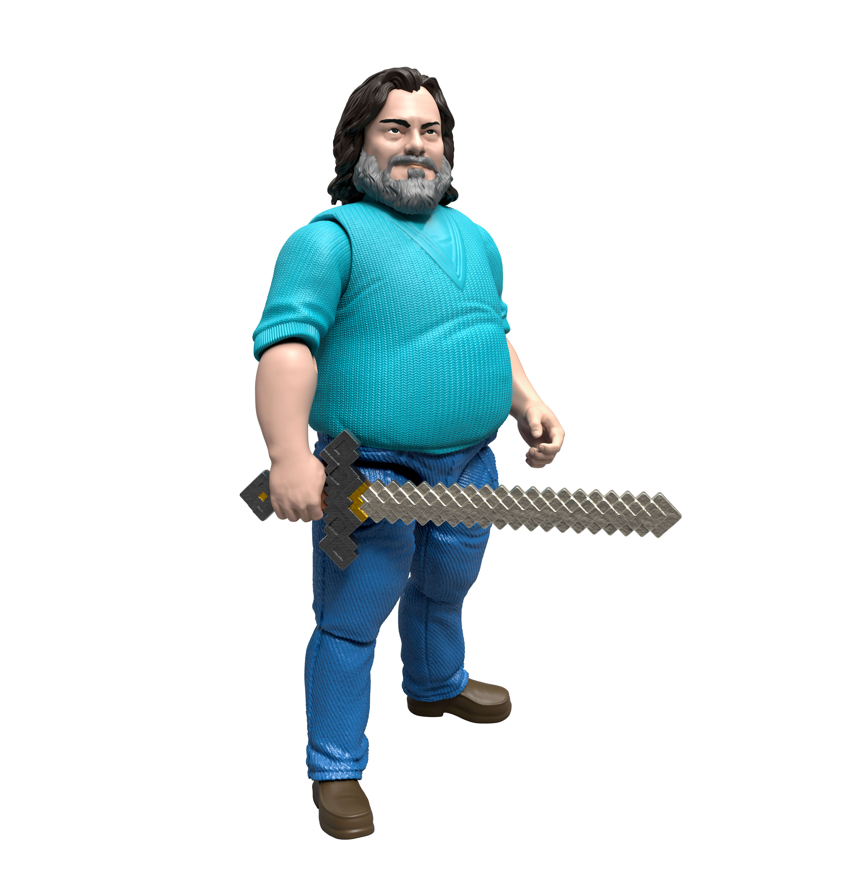 Una figura giocattolo di Minecraft. Uomo con barba e camicia blu, che tiene una spada pixelata. Sfondo bianco.