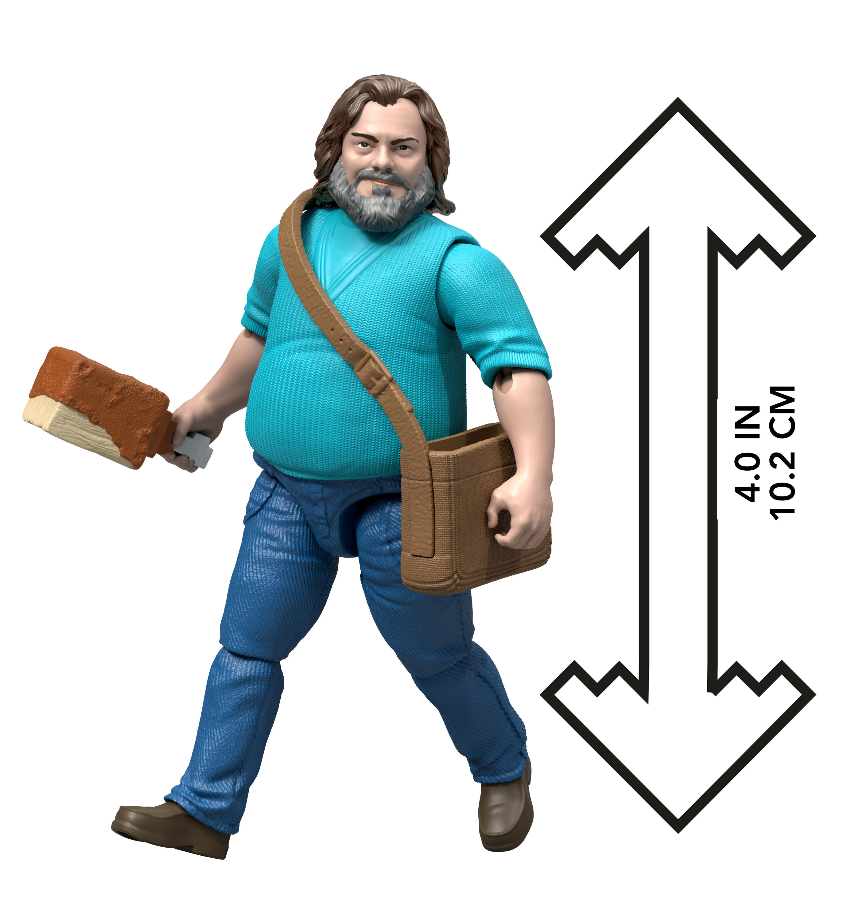 Una figura giocattolo. Un uomo con la barba, camicia blu, jeans, che tiene un attrezzo e una borsa. Sfondo bianco.
