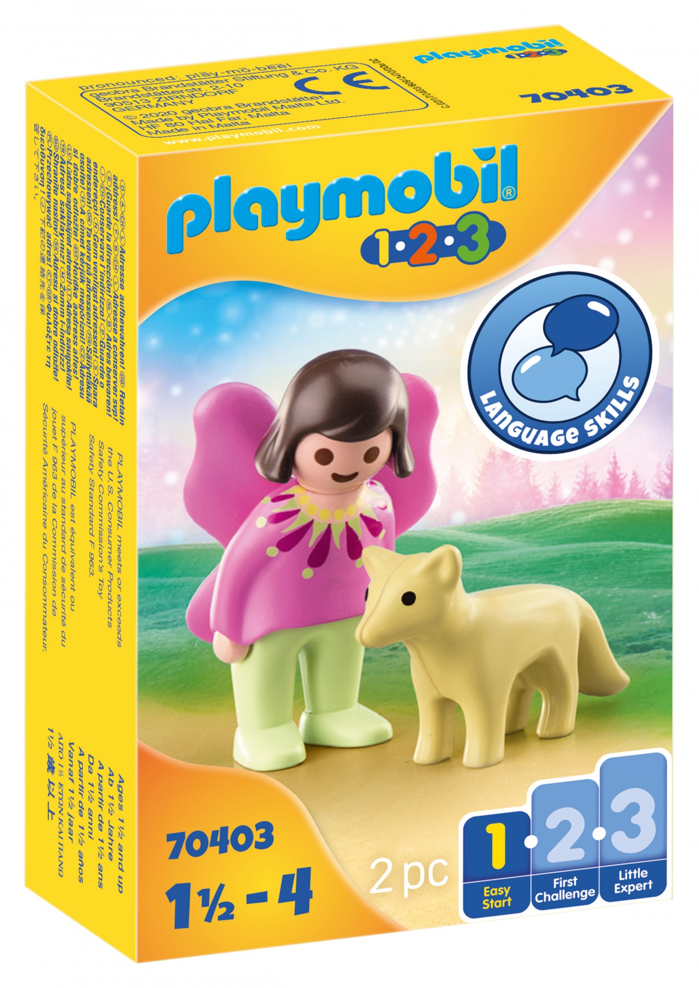 Una scatola Playmobil con una fata e una volpe. Ha il numero 1 2 3 e le parole abilità linguistiche.