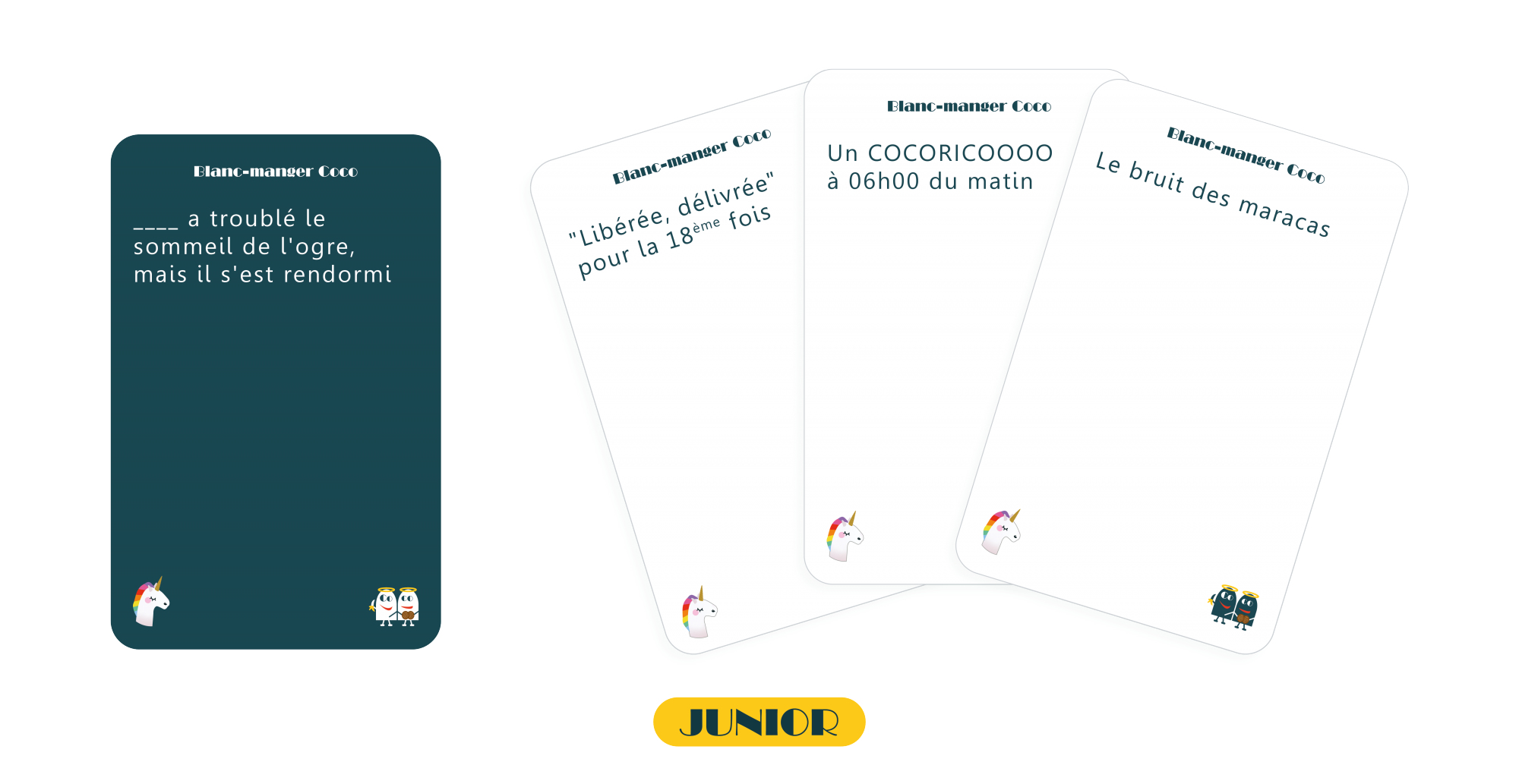 Karty z francuskimi zdaniami. Każda karta ma inne zdanie i logo jednorożca.