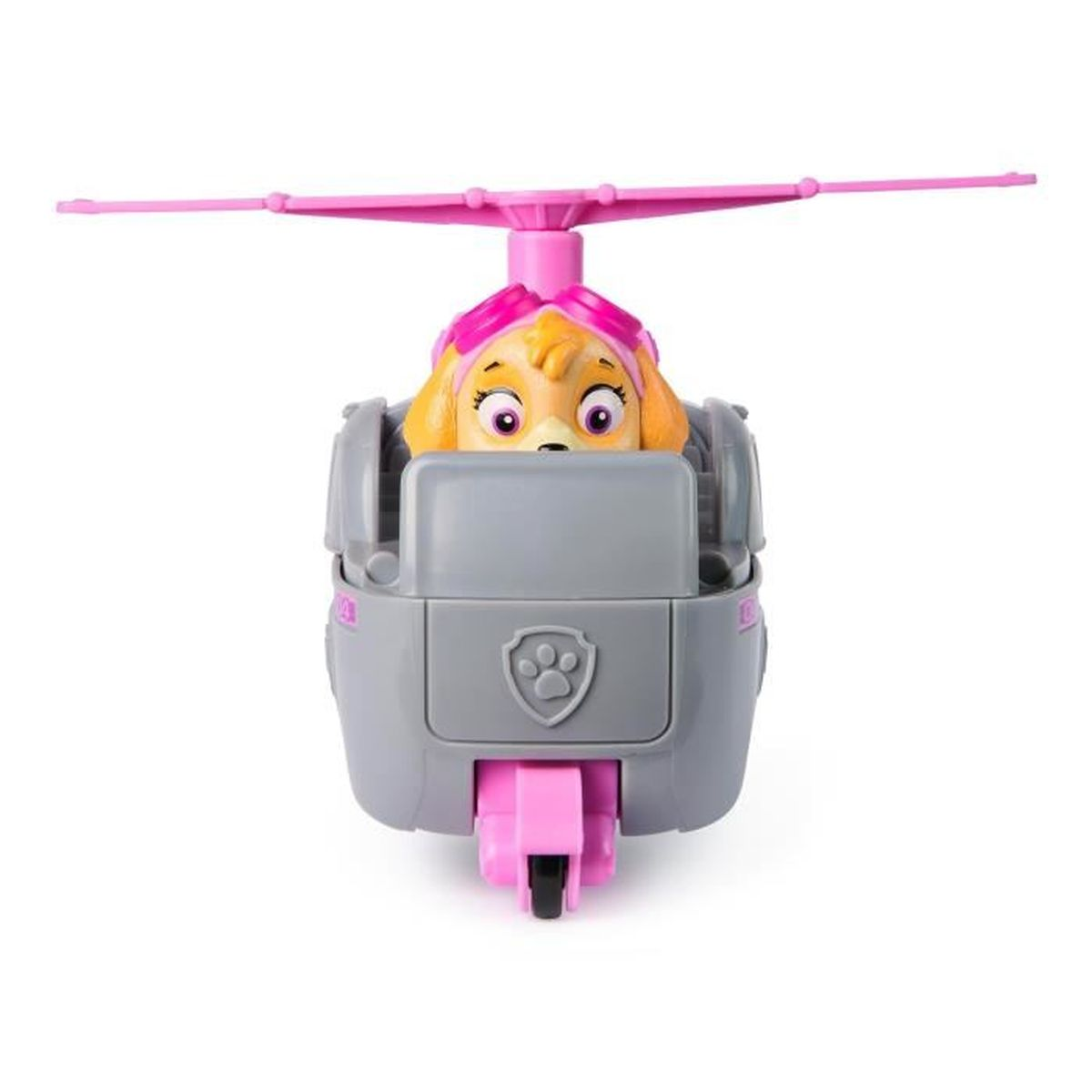 Een vooraanzicht van het speelgoed van Skye van Paw Patrol in een grijze en roze helikopter.