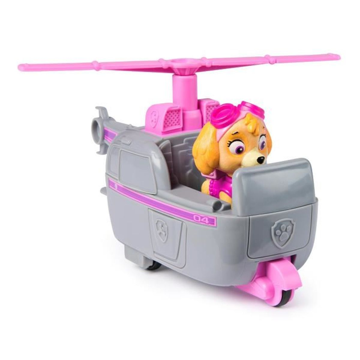 Een speelgoed van Skye van Paw Patrol in een grijze en roze helikopter.