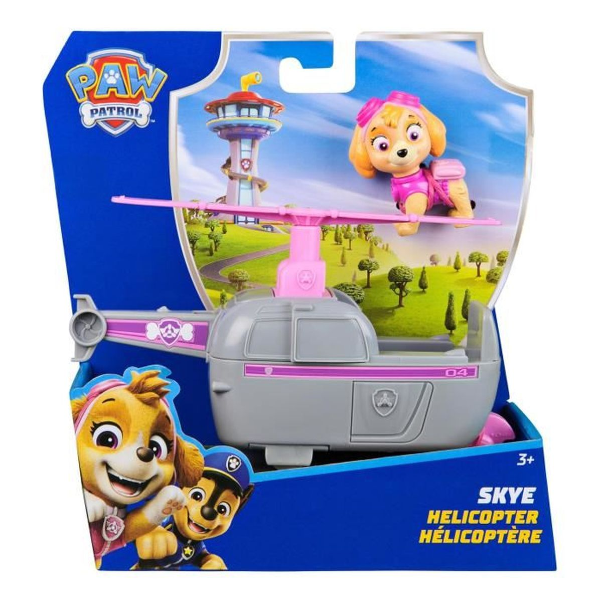 Paw Patrol Skye helikopter speelgoed. De helikopter is roze en grijs, en de doos toont Skye.