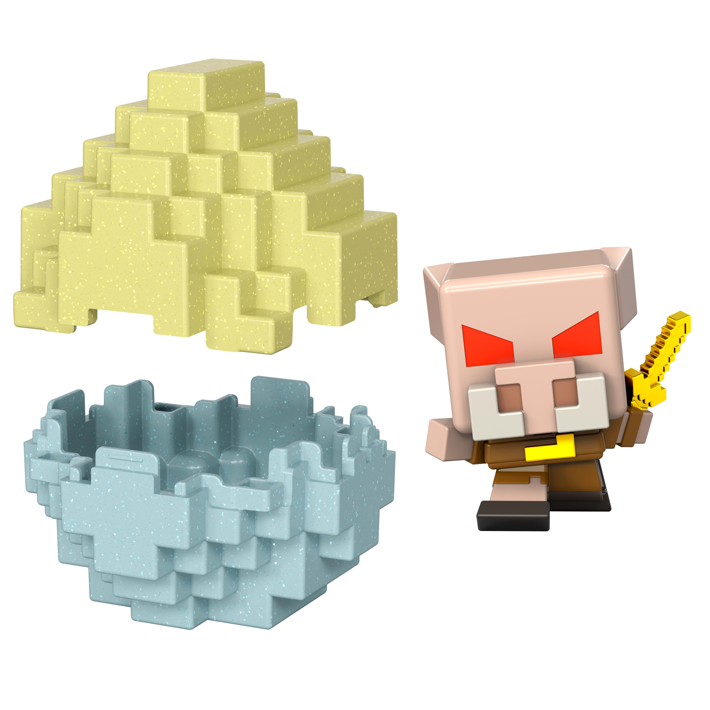 Zestaw zabawek Minecraft: żółte i niebieskie bloki, figurka z mieczem.