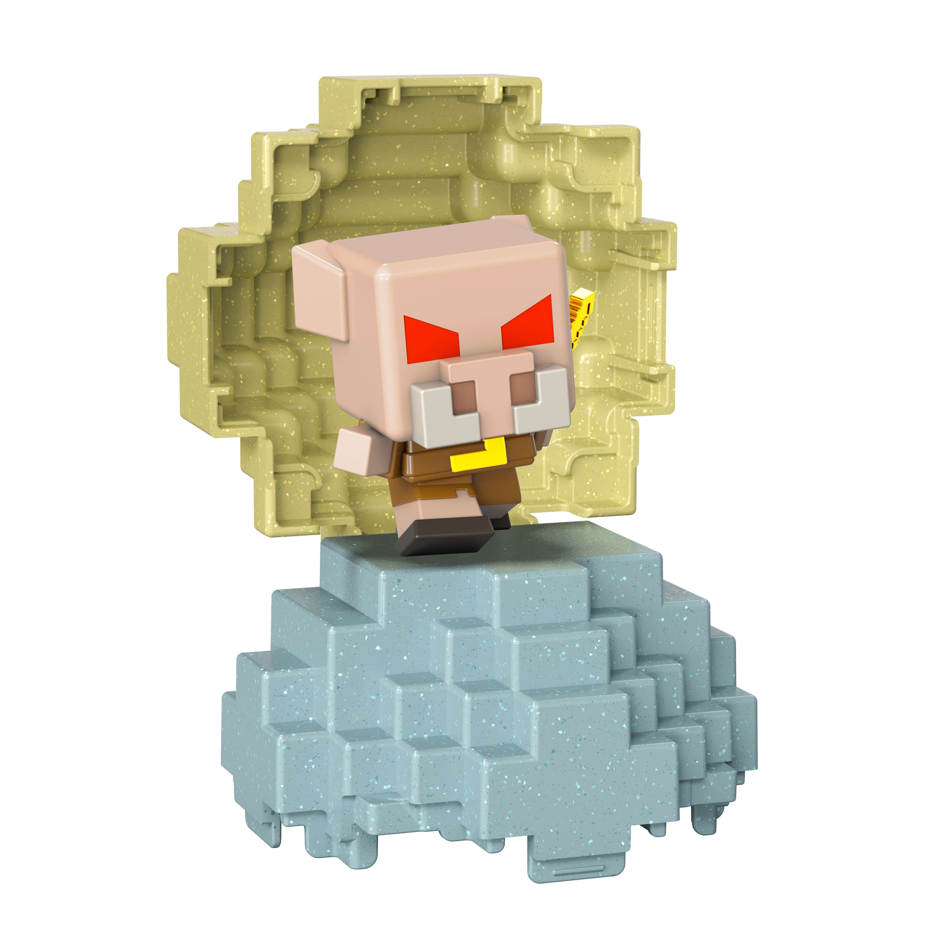 Figurka pigmana z Minecraft wychodząca z żółtych i niebieskich bloków.