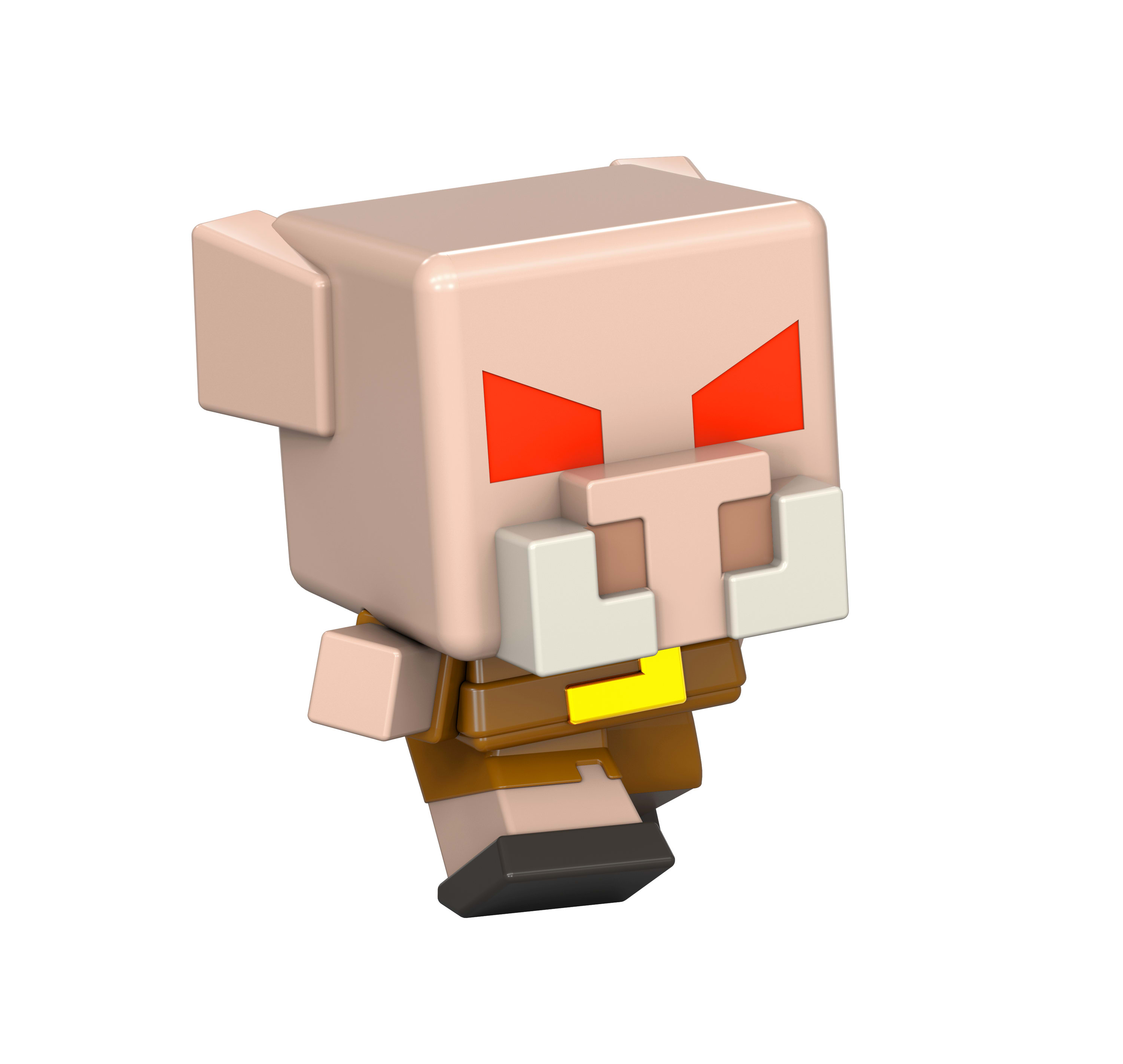 Postać świni z Minecrafta z kwadratową głową i czerwonymi oczami.