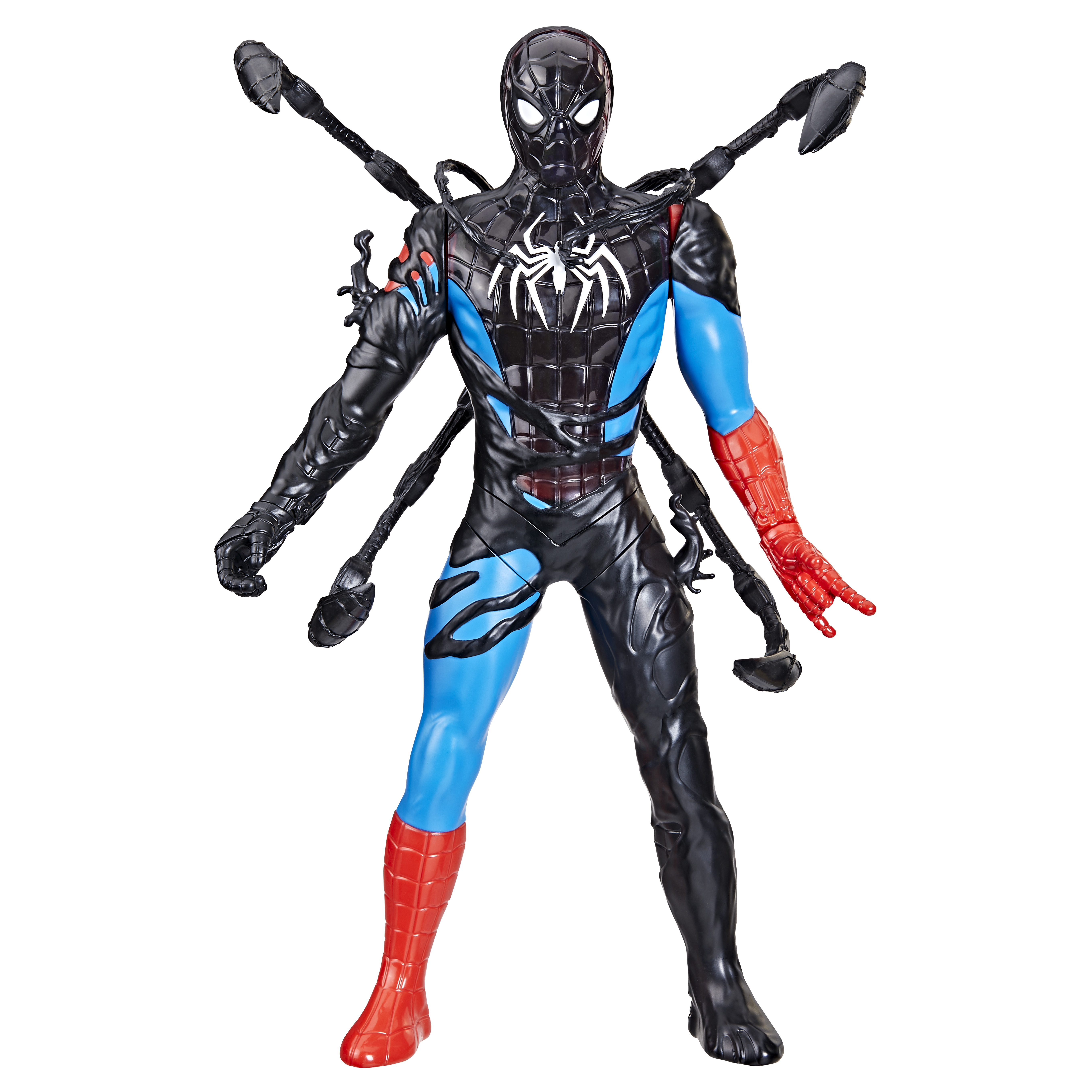 Una figura de acción de Spider-Man con un traje de simbionte está de pie con los brazos abiertos, el cuerpo dividido en azul y negro, brazos rojos y negros.