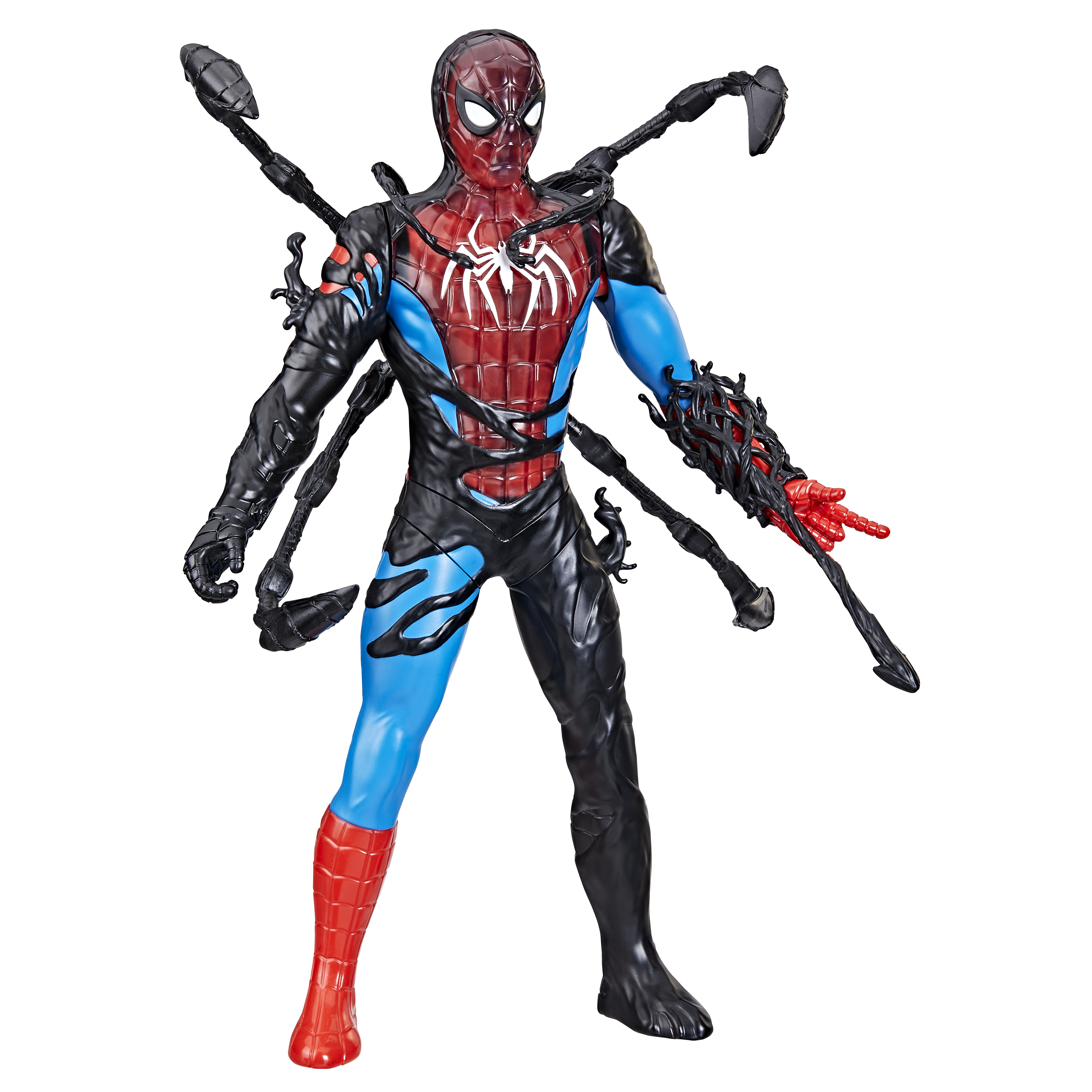 Figura de acción de Spider-Man con traje de simbionte, cuerpo dividido azul/negro, brazos rojo/negro, con zarcillos de simbionte extendidos.
