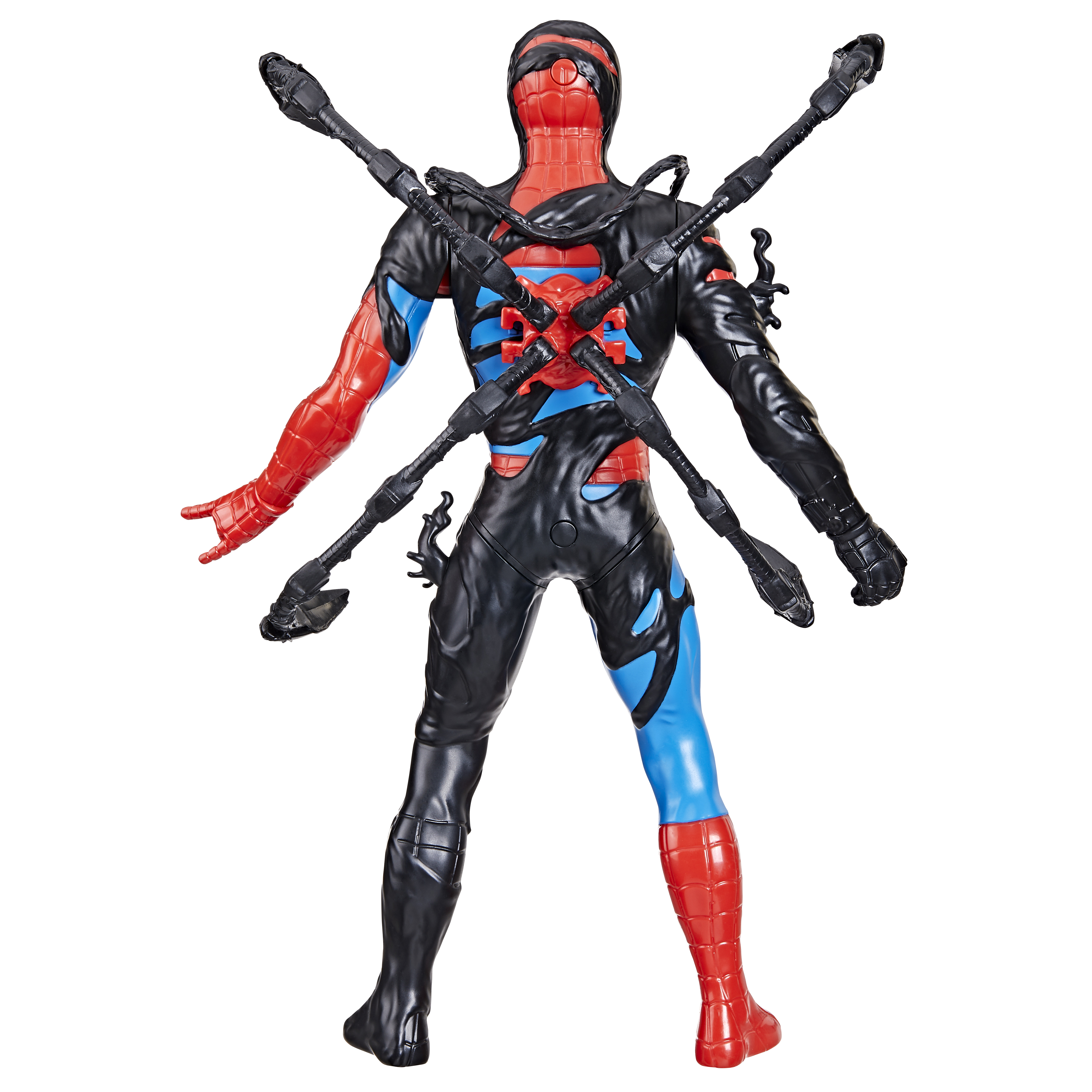 Figura de acción de Spider-Man con accesorios de simbionte. Es rojo, negro y azul.