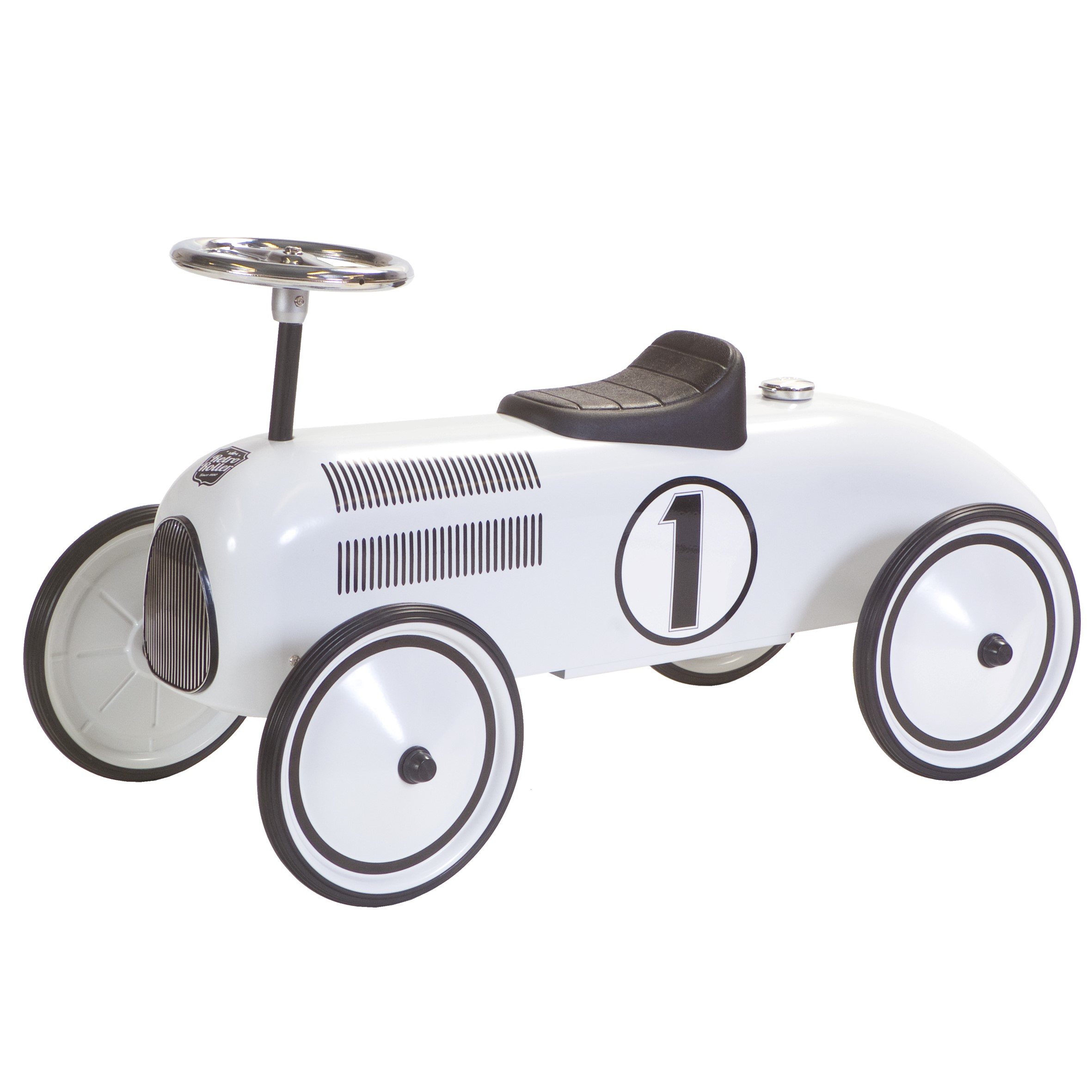 Auto giocattolo vintage bianca con ruote nere, sedile e numero 1 sul lato.