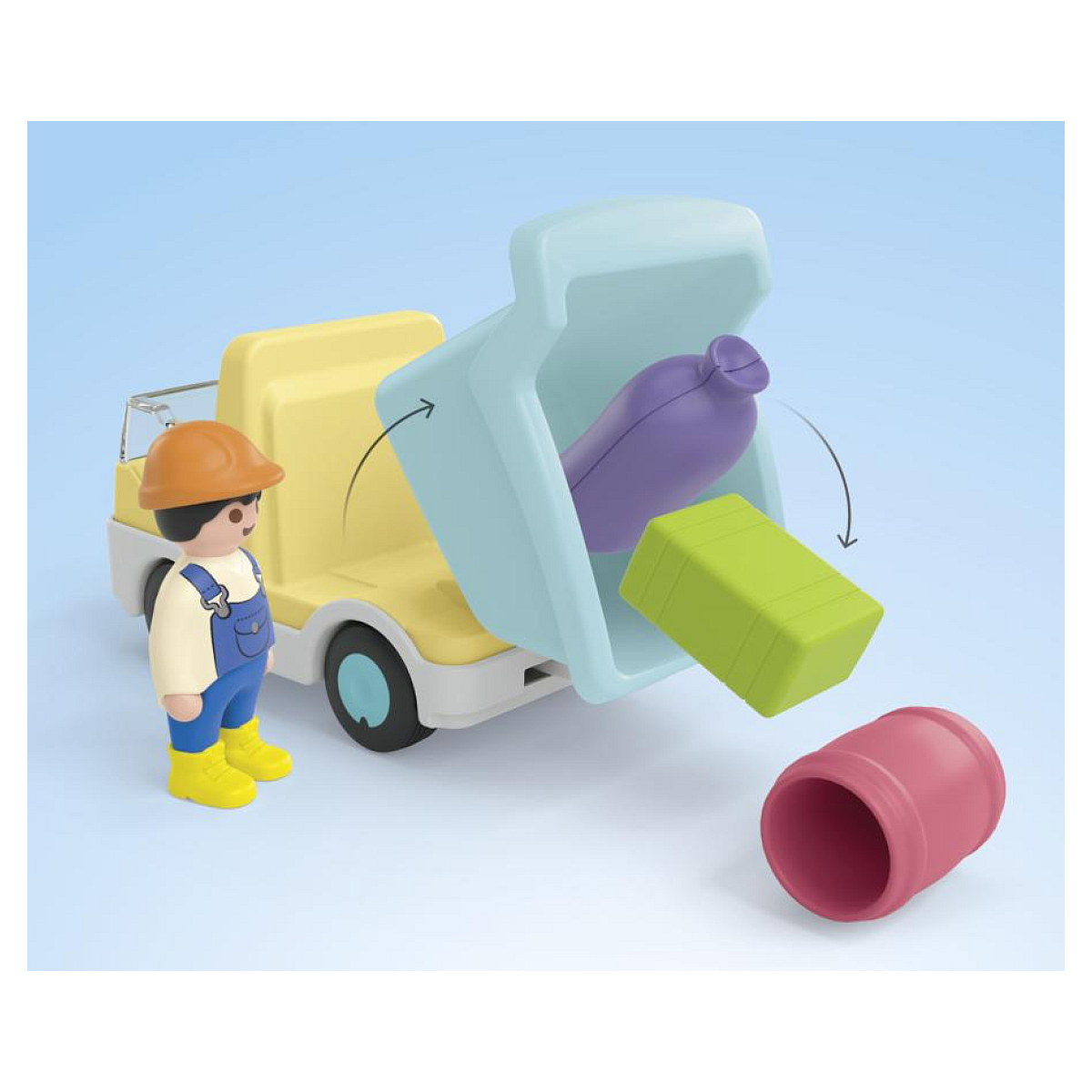 Robotnik w żółtej ciężarówce wysypuje klocki i butelkę. Scena jest niebieska.