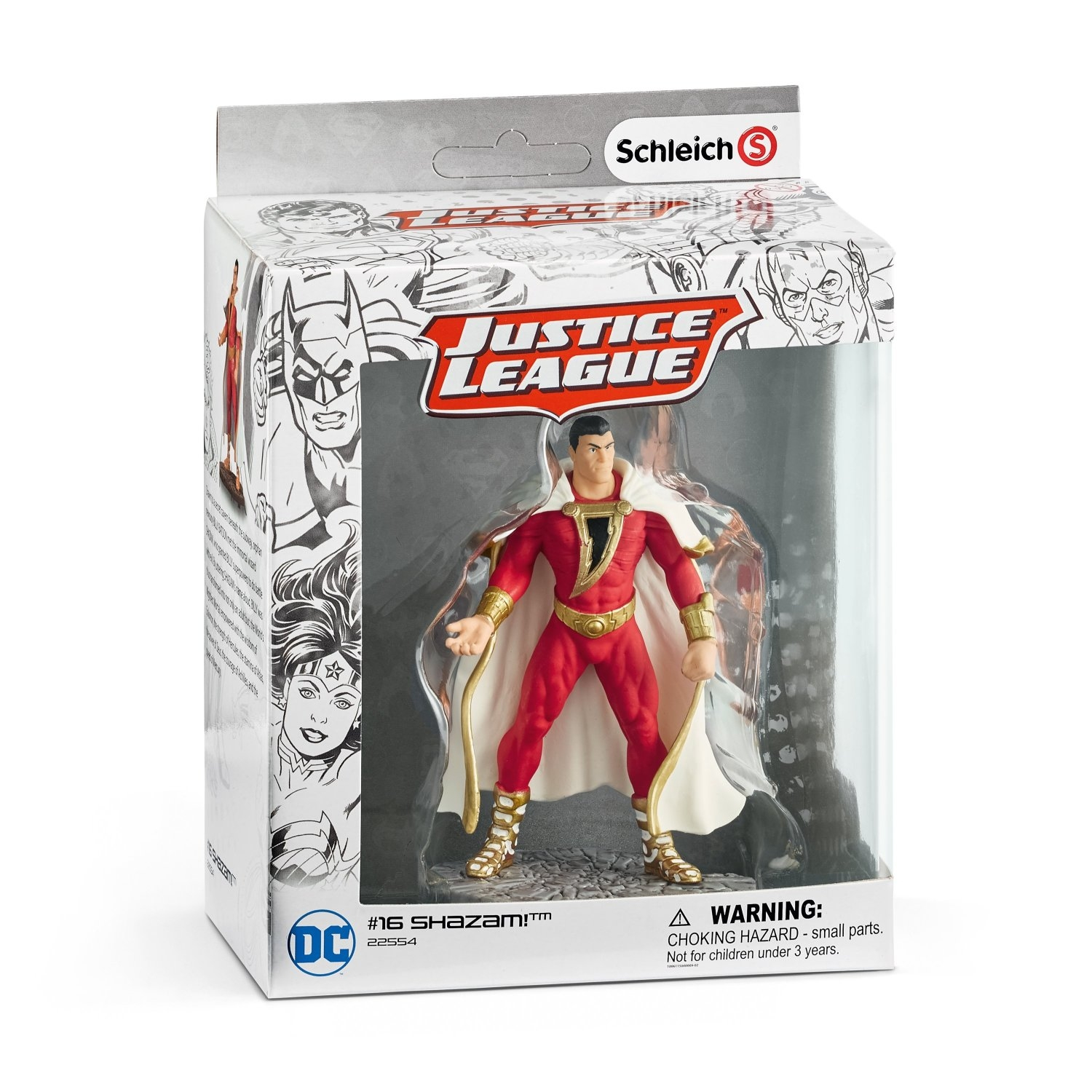 Eine Spielzeugkiste mit einer Justice League Shazam-Figur, in einer weißen Box mit Comic-Grafiken.