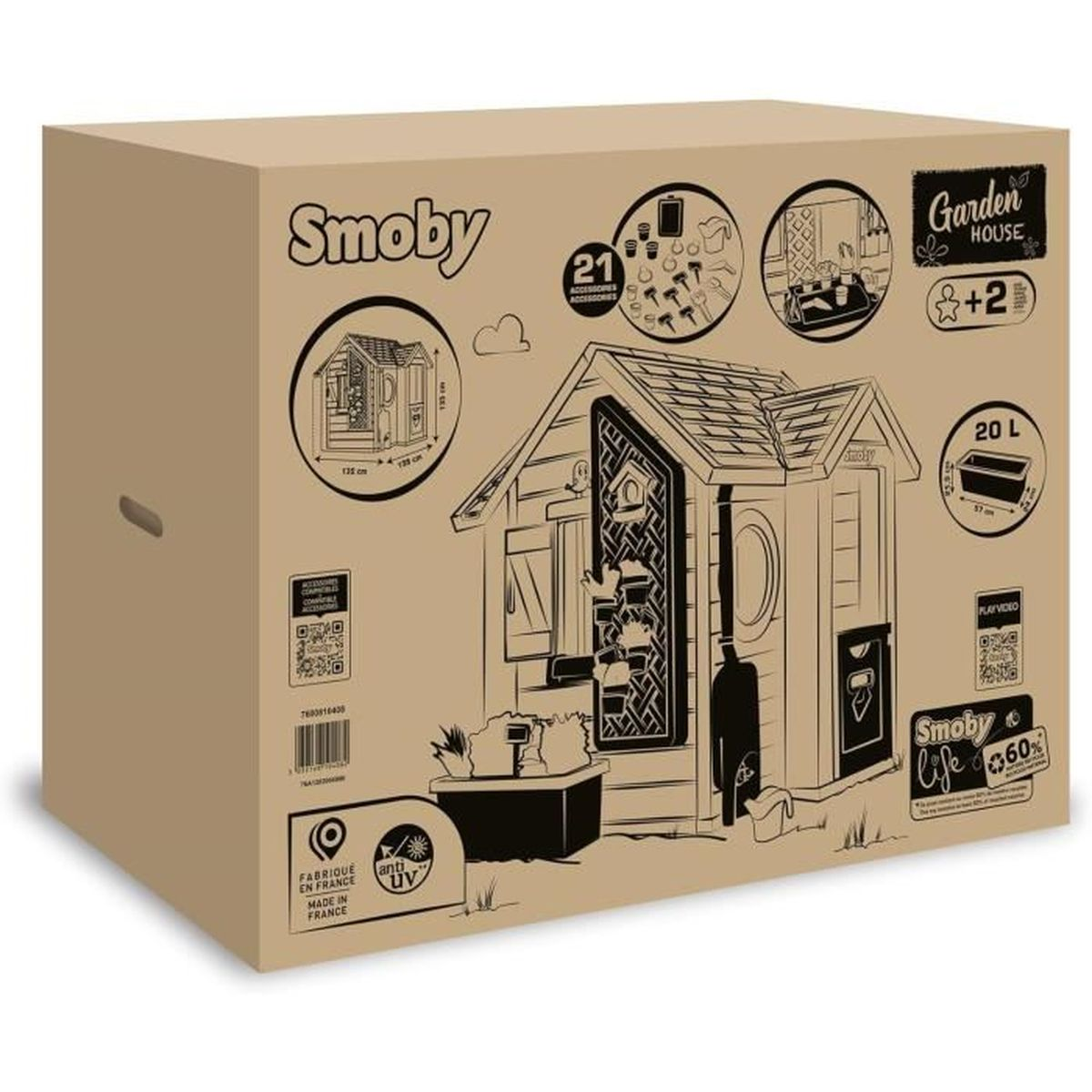 Ein Pappkarton mit einer Spielhausillustration auf der Vorderseite und Abmessungen. Die Box ist beige.