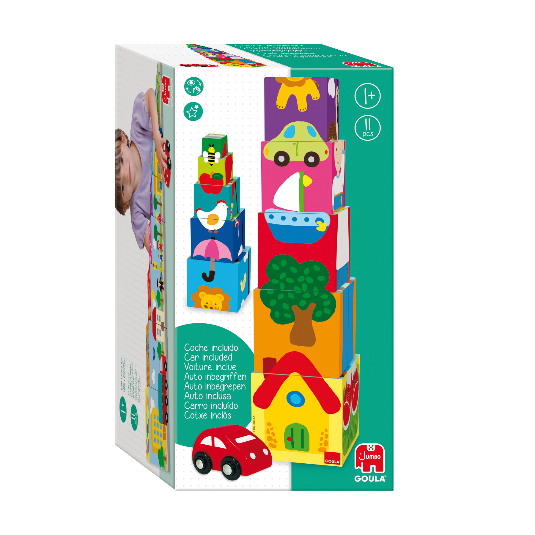 Kolorowy zestaw zabawek do układania w stosy z różnymi kształtami i czerwoną zabawką-samochodem z przodu.