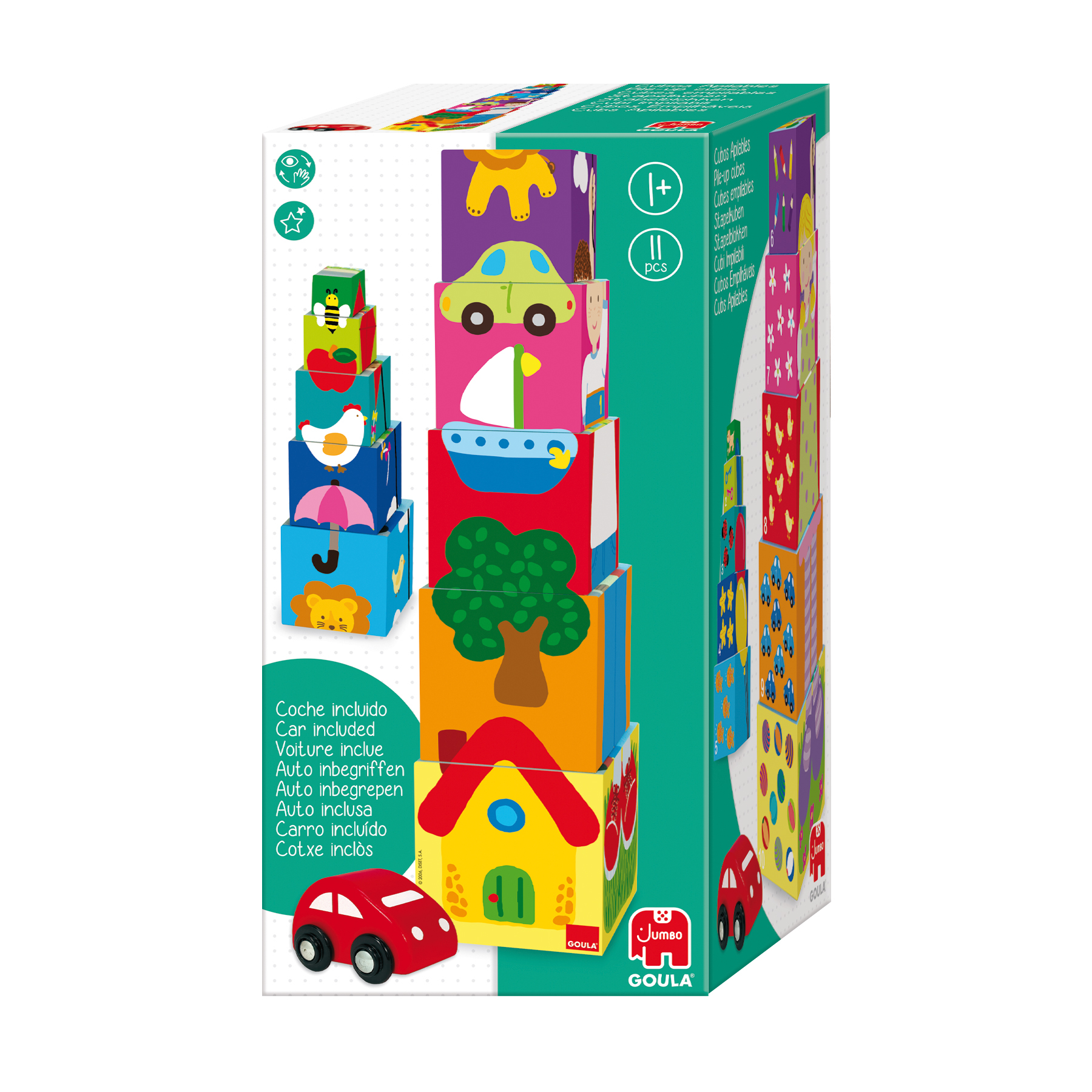 Stos klocków z obrazkami samochodu, domu, drzewa i zwierząt, z czerwoną zabawką samochodu.