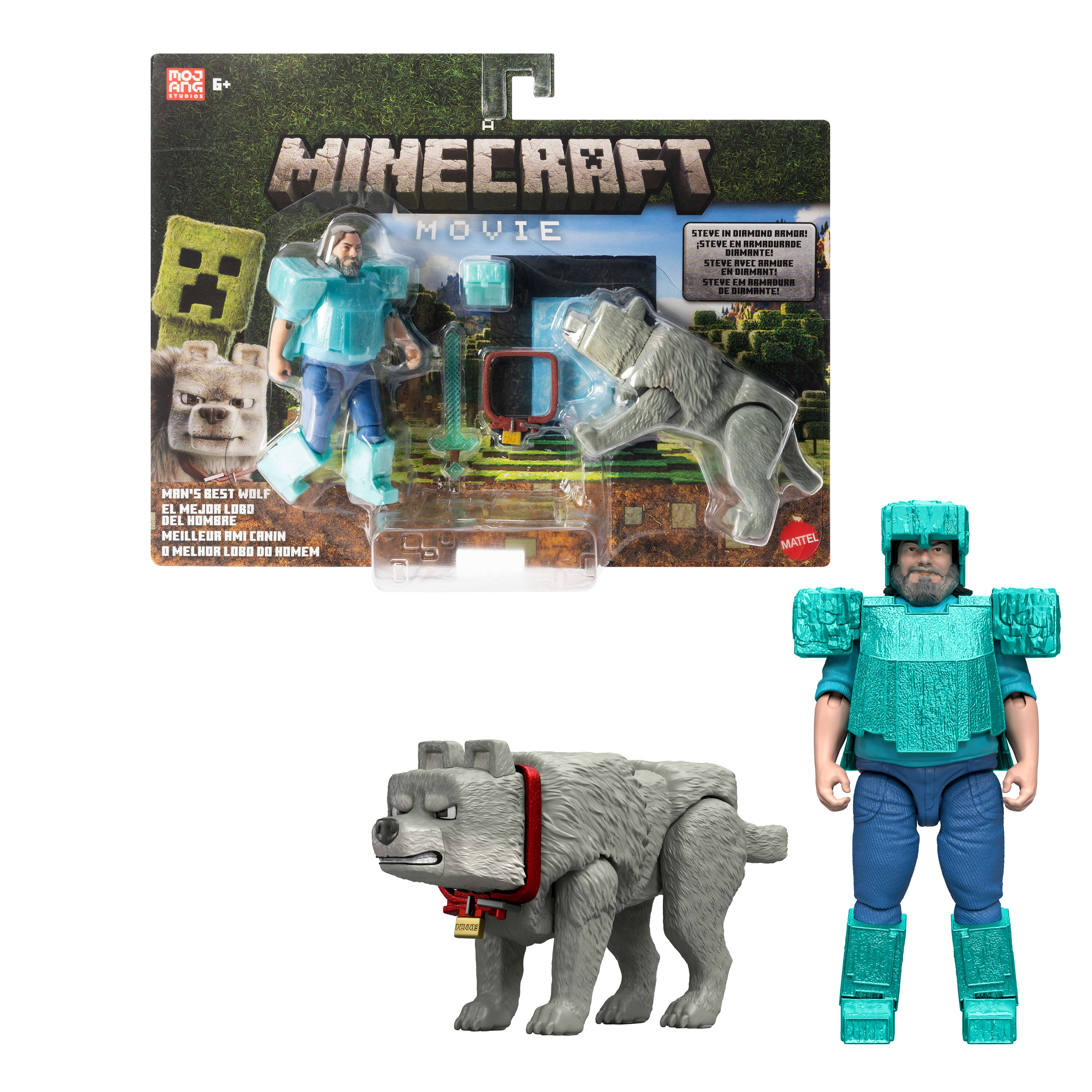 Minecraft-Spielzeugset: eine Steve-Figur, ein Wolf und eine Creeper-Figur. Verpackung im Hintergrund.